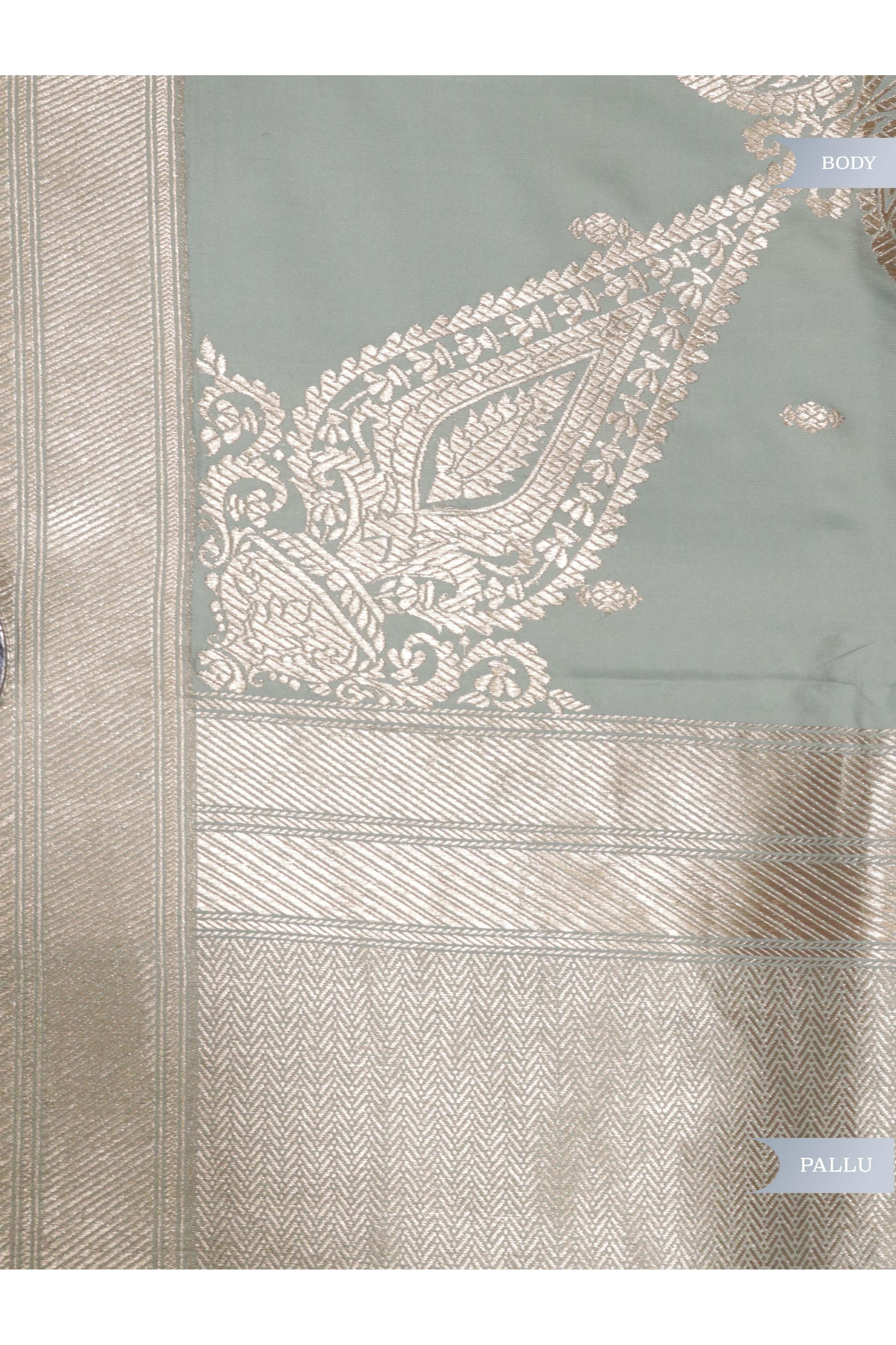 Light Blue Banarasi Mushroom Silk Saree with Silver Motifs & Silver Zari Border - Mokshaa
