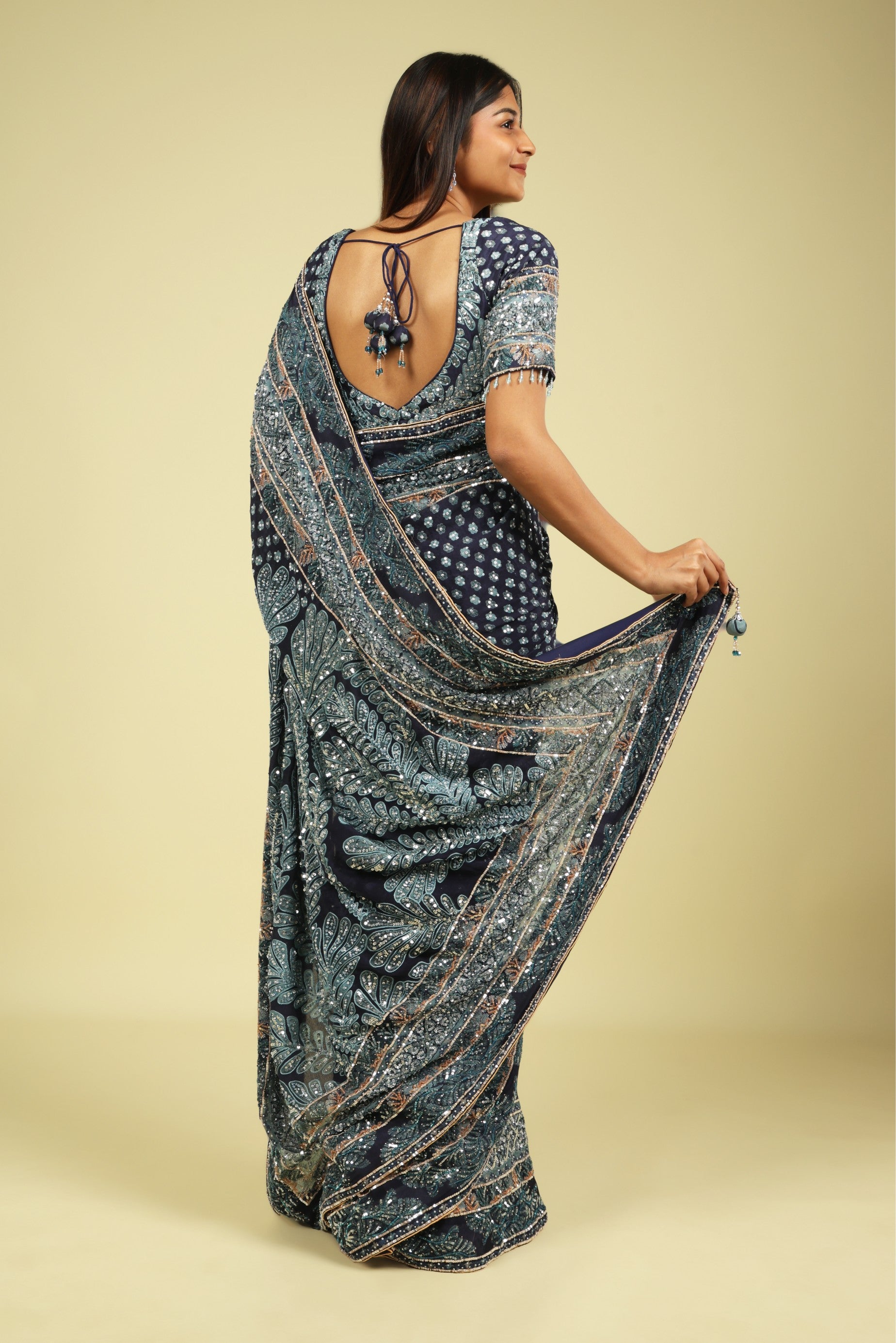 Dark Blue Soft Georgette Saree with All-Over Fancy Sequin Highlights - Mokshaa