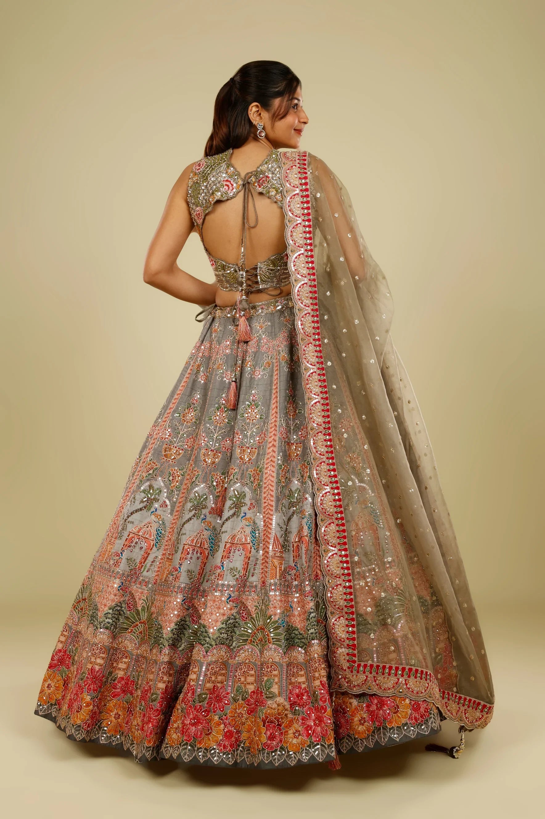 Grey Silk Lehenga Set with Zari, Stone & Sequin Embroidery - Mokshaa