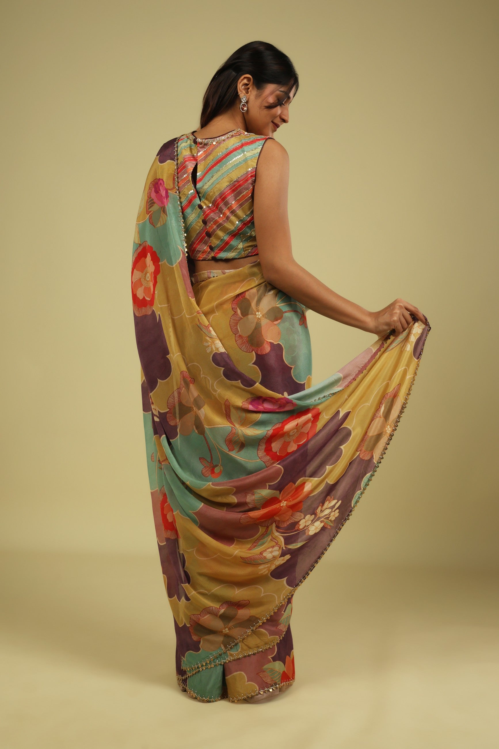 Multicolour Silky Georgette Saree with Digital Print & Bead-Sequin Border - Mokshaa