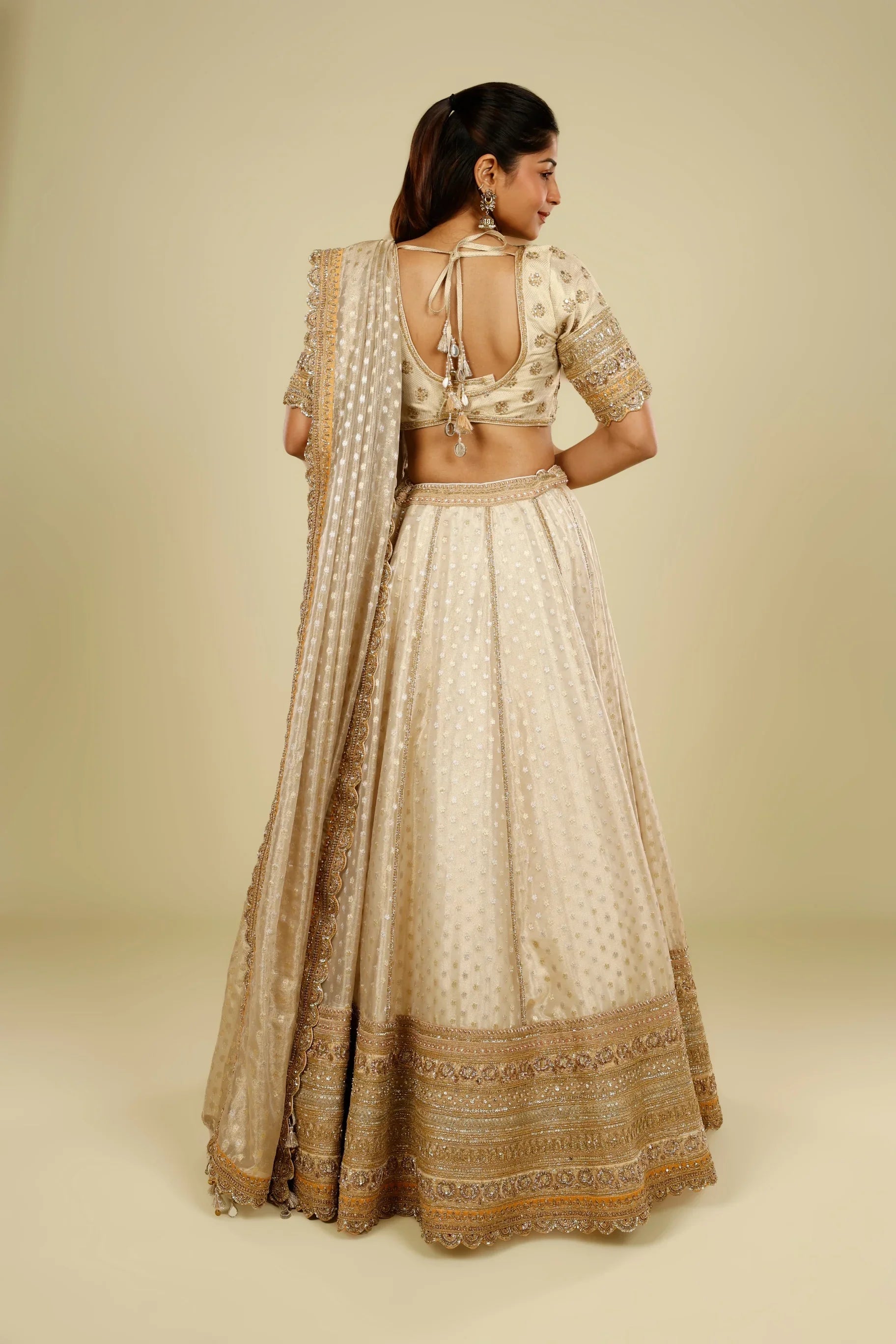 Ivory Banarasi Tissue Organza Lehenga Set with Zardozi, Zari & Sequin Embroidery - Mokshaa
