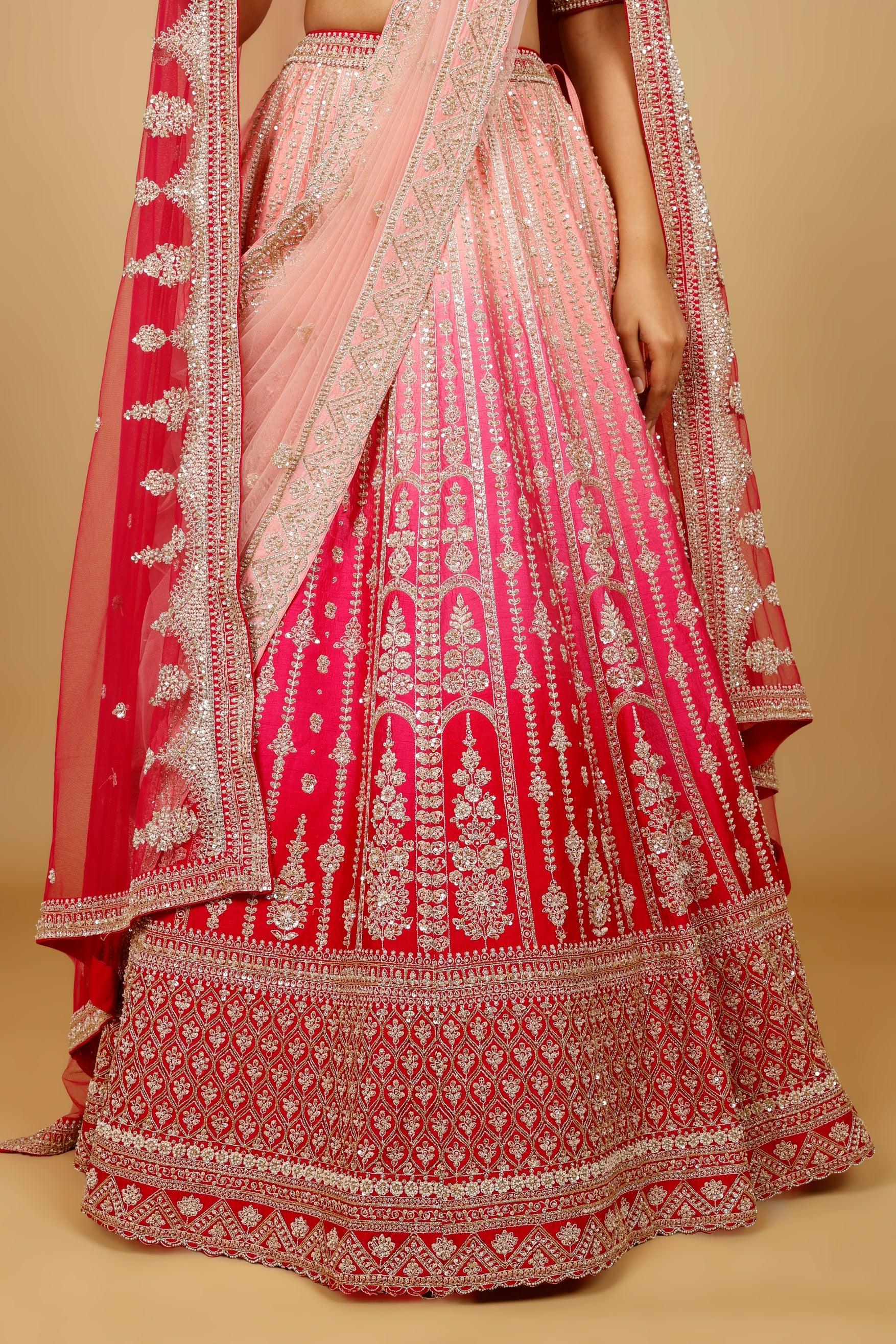 Pink Ombre Raw Silk Bridal Lehenga Set with Zari, Sequin & Zardozi Embroidery - Mokshaa