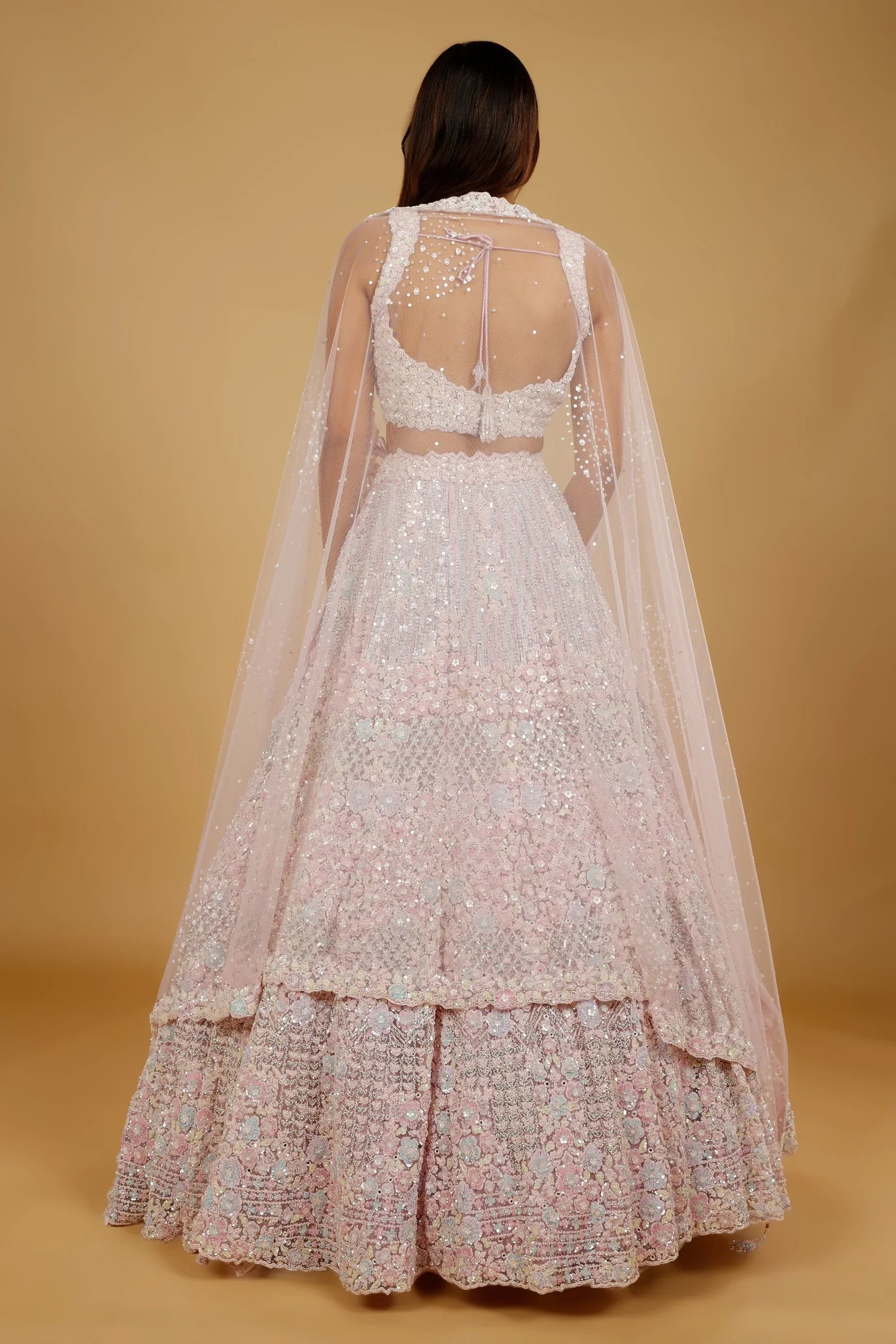 Pink Net Lehenga Set with Multi-Colour Sequin, Pearl & Stone Embroidery - Mokshaa