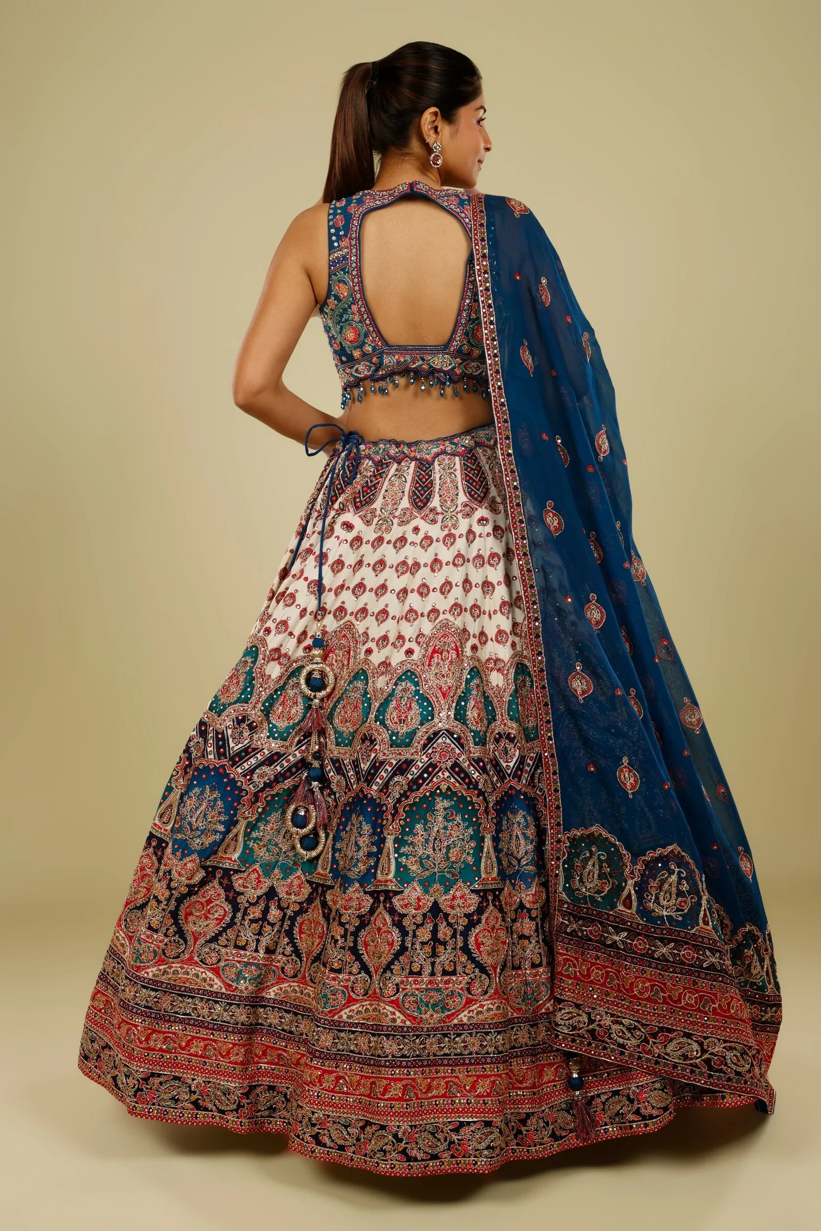 Blue Multicolour Printed Silk Lehenga Set with Zari, Sequin & Cutdana Highlights - Mokshaa