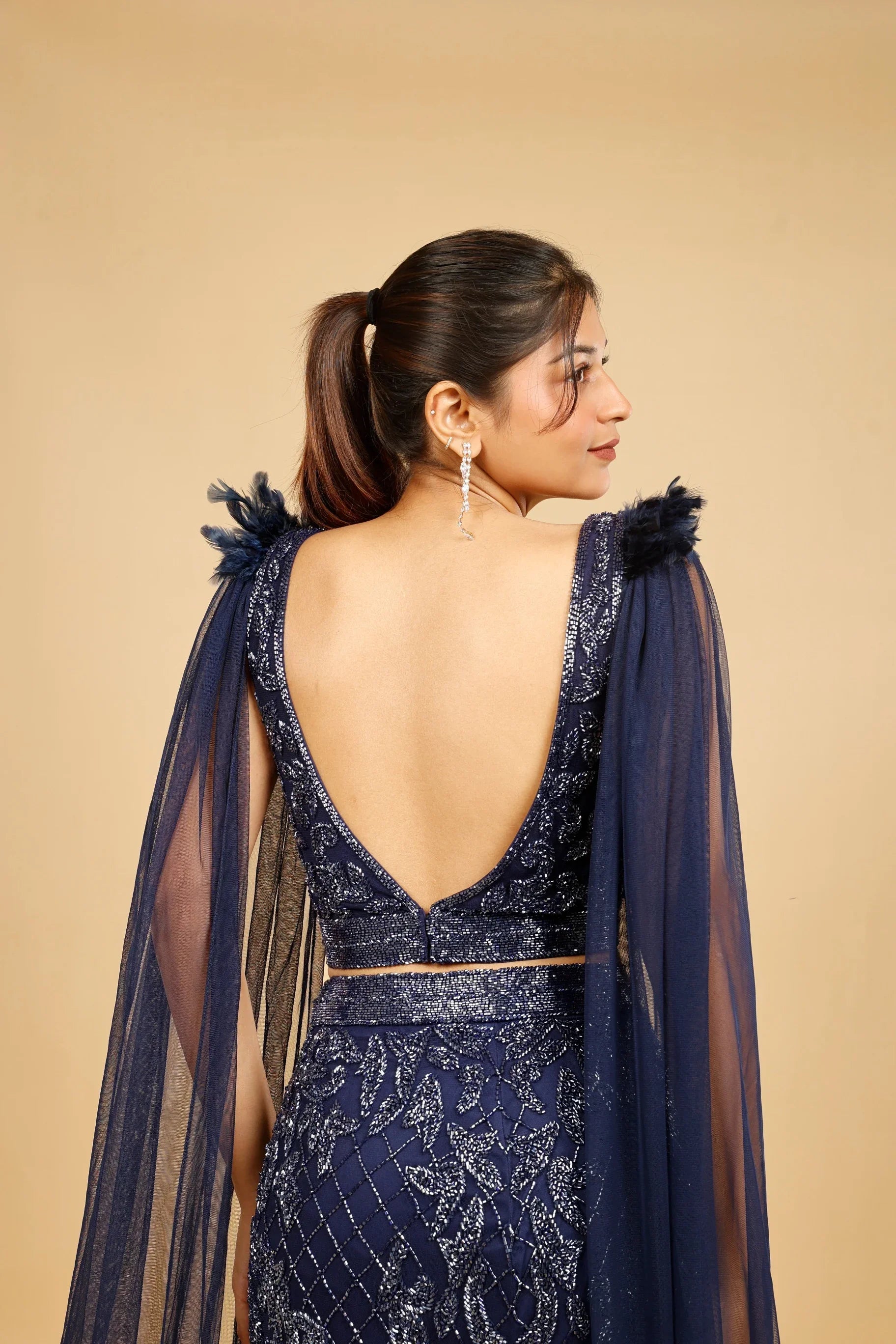Navy Blue Net Mermaid Skirt Set with Cutdana Embroidery - Mokshaa