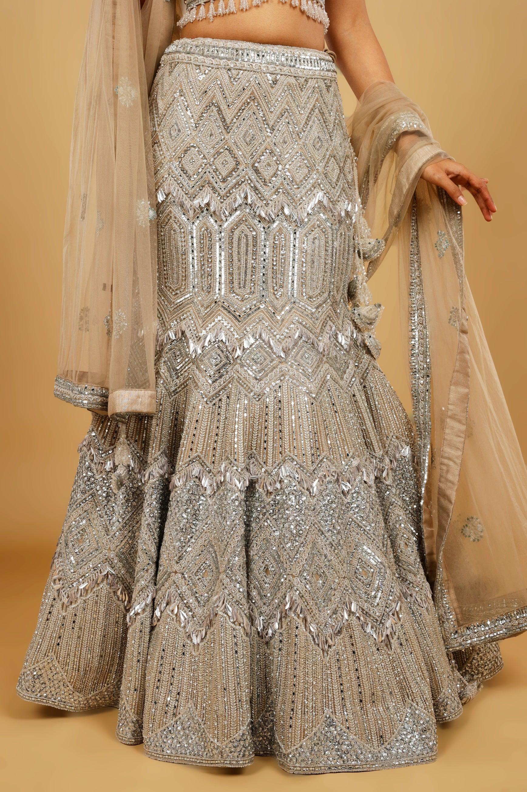 Champagne Net Mermaid Lehenga Set with Mirror, Pearl & Sequin Embroidery - Mokshaa