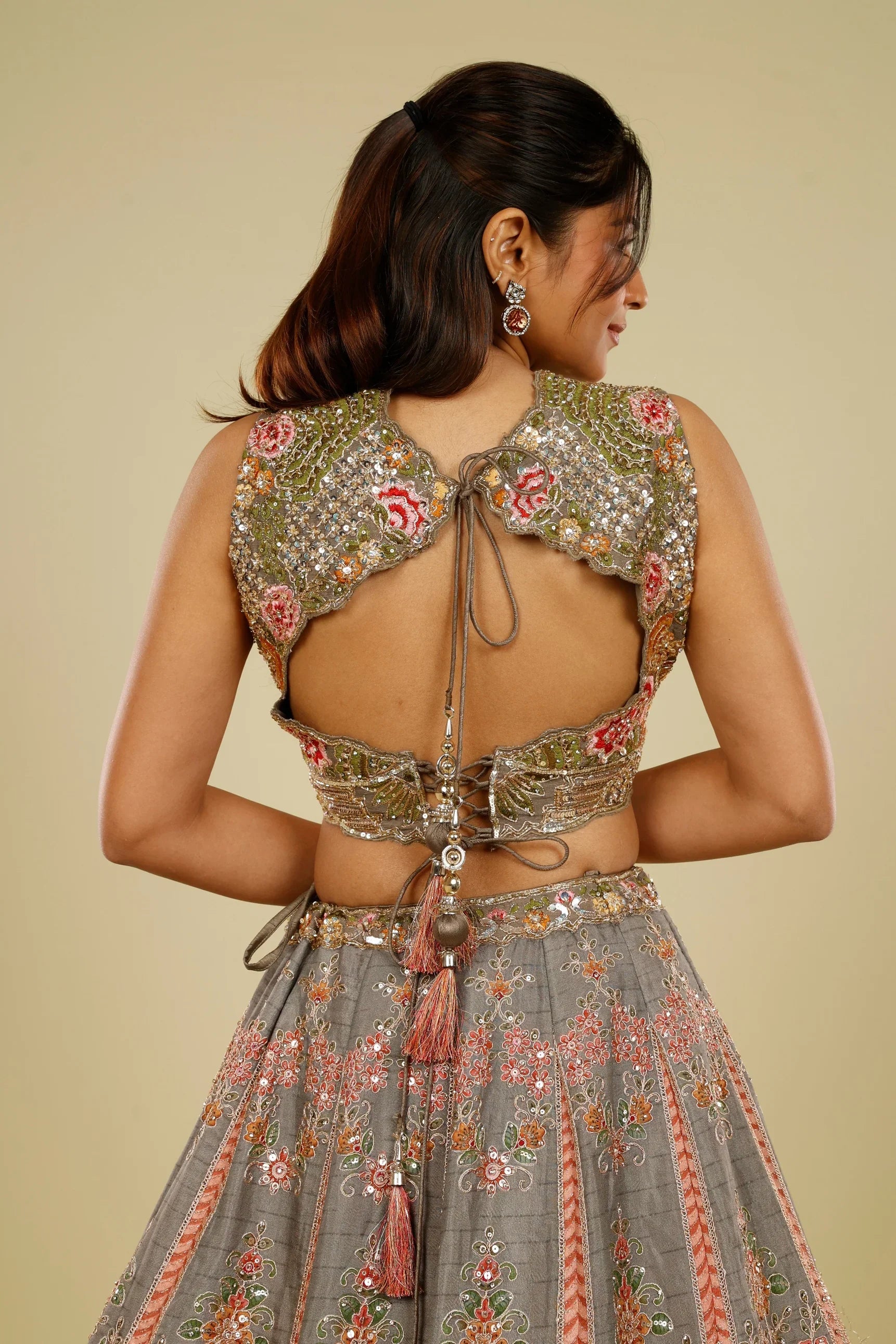 Grey Silk Lehenga Set with Zari, Stone & Sequin Embroidery - Mokshaa