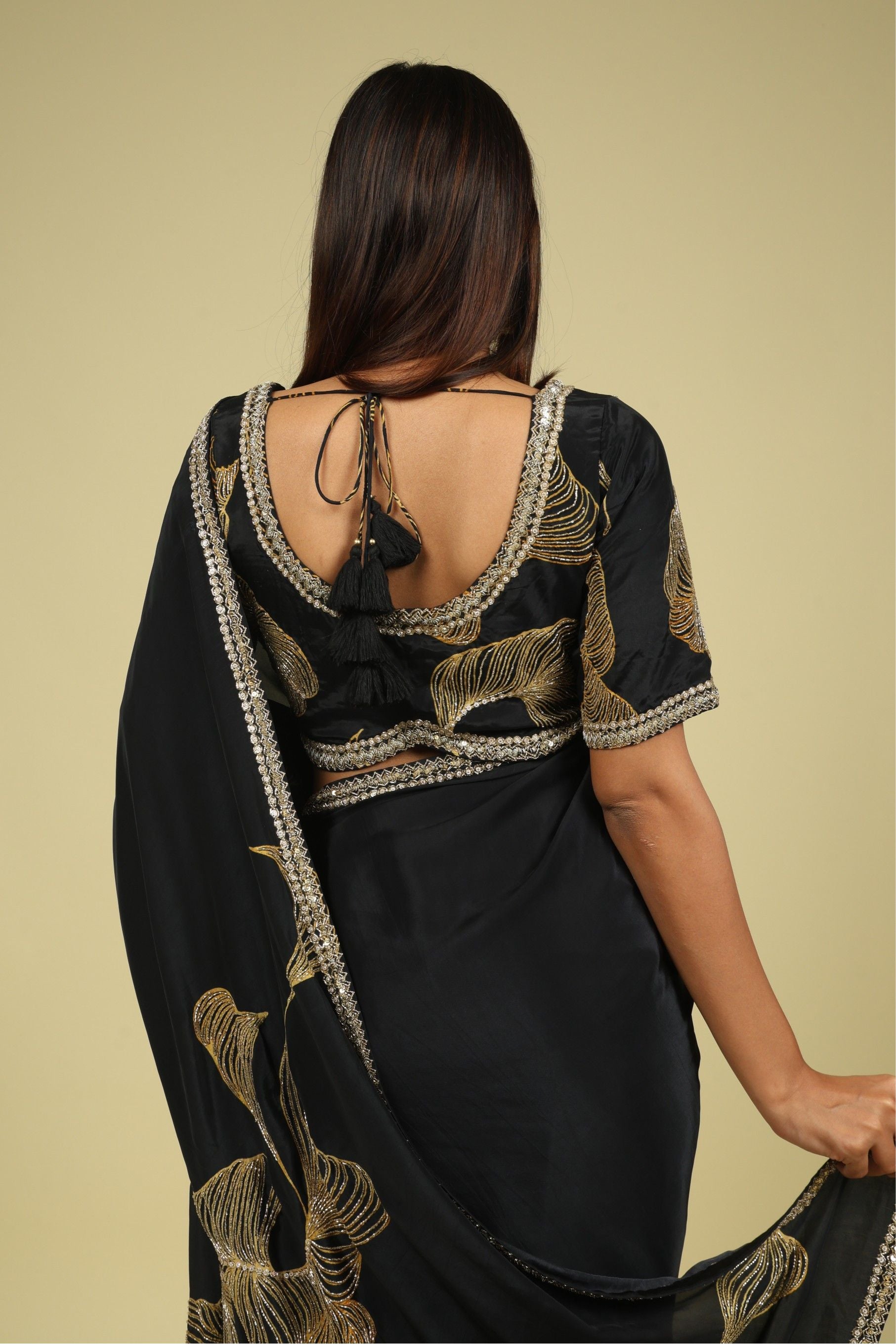 Black Satin Saree with Kardana & Sequin Fancy Work - Mokshaa