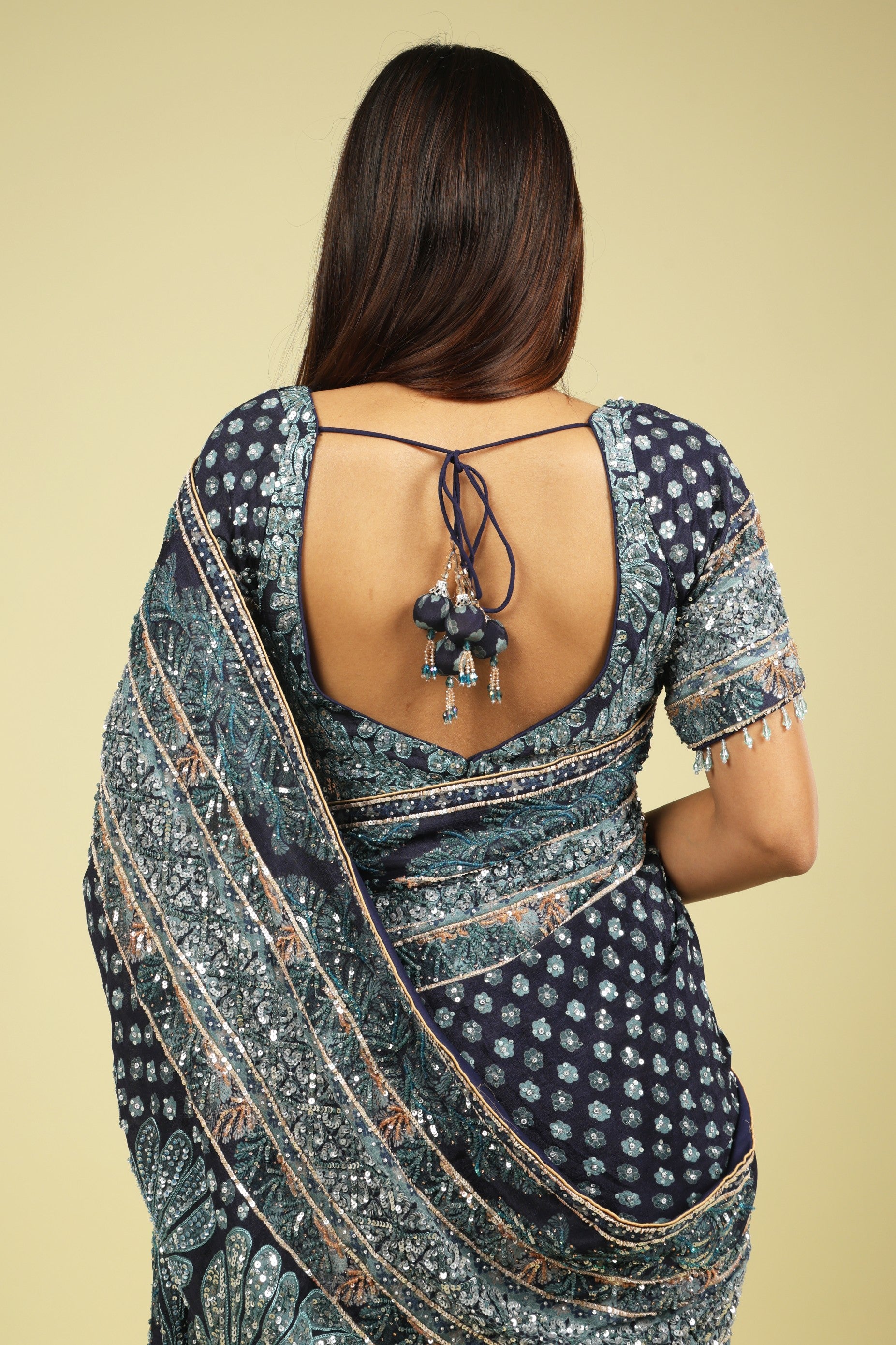 Dark Blue Soft Georgette Saree with All-Over Fancy Sequin Highlights - Mokshaa
