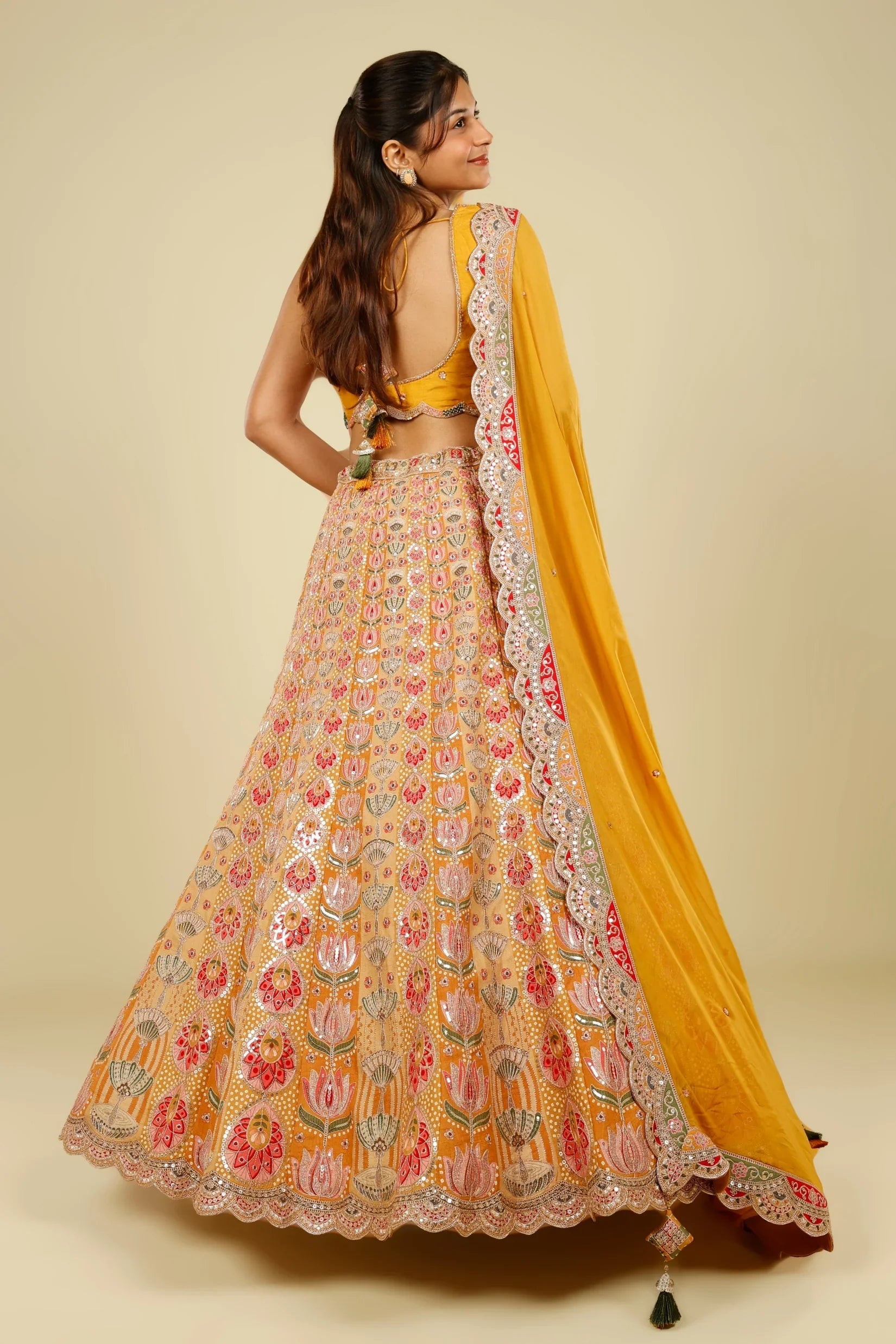 Yellow Printed Silk Lehenga Set with Zari & Sequin Embroidery - Mokshaa
