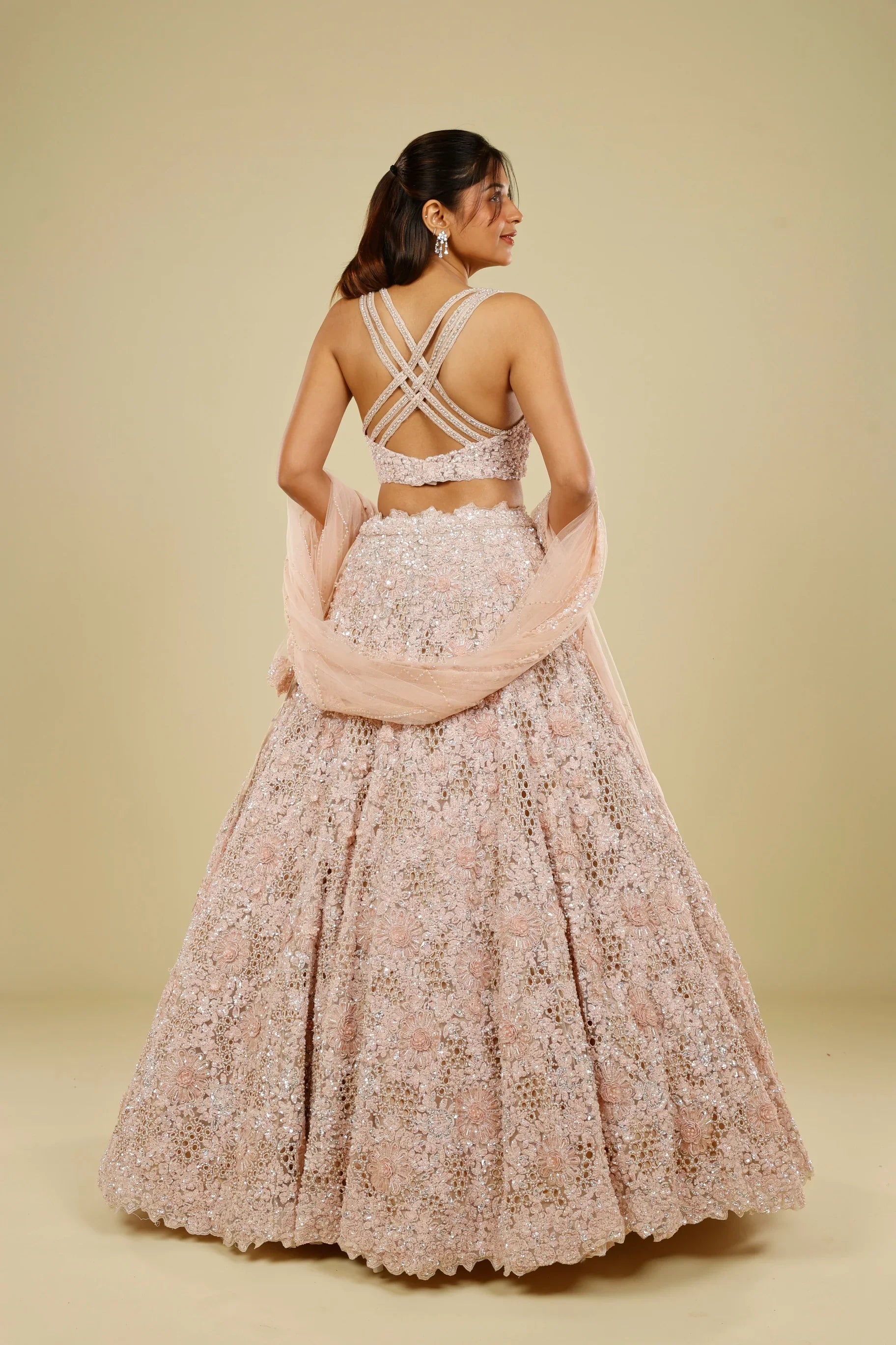 Blush Pink Net Cutwork Lehenga Set with Sequin, Stone & Pearl Embroidery - Mokshaa