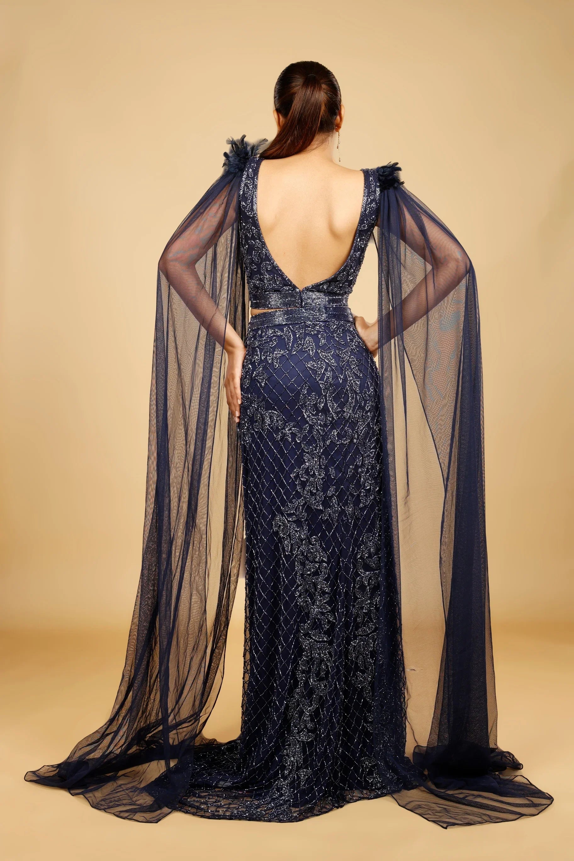 Navy Blue Net Mermaid Skirt Set with Cutdana Embroidery - Mokshaa