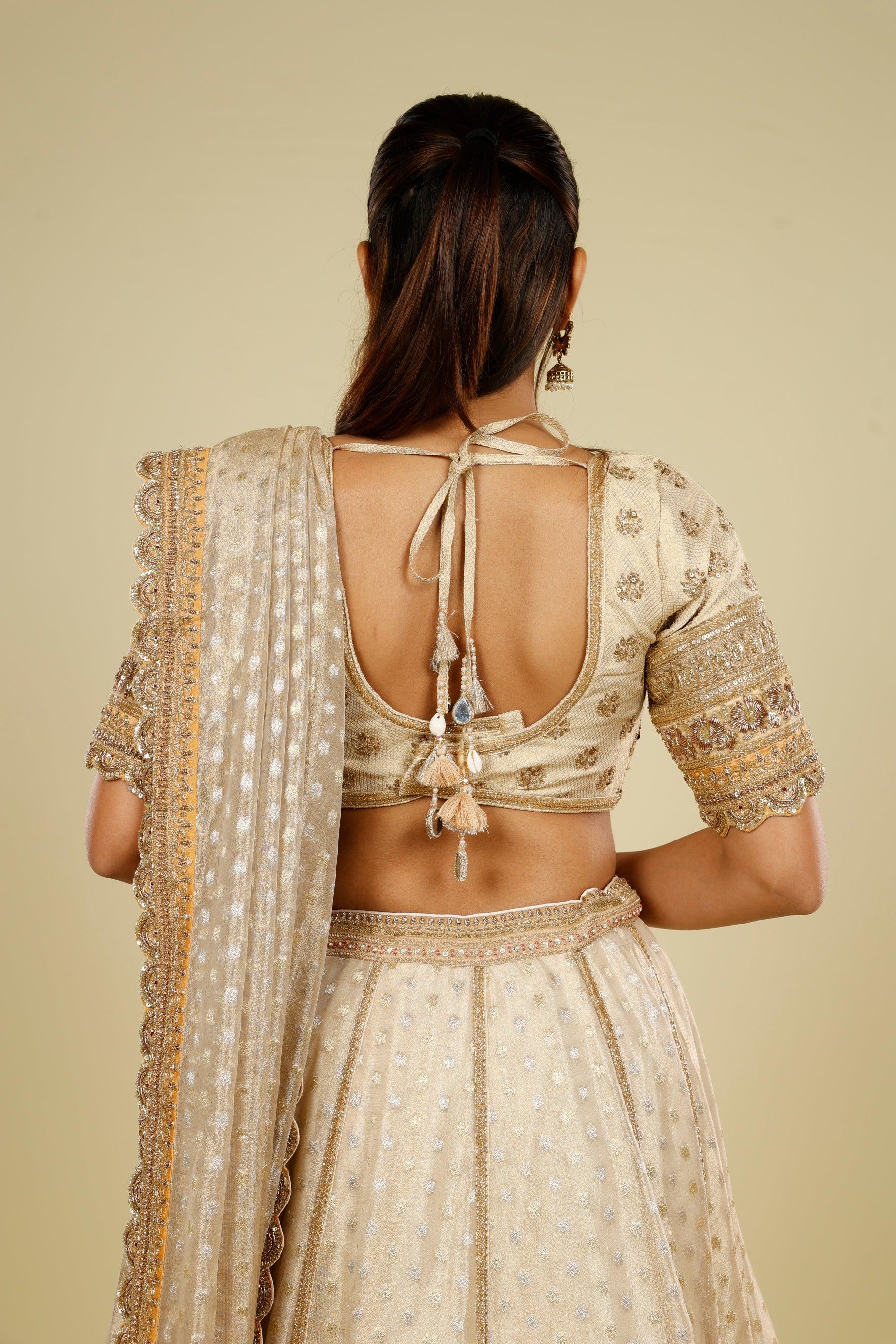Ivory Banarasi Tissue Organza Lehenga Set with Zardozi, Zari & Sequin Embroidery - Mokshaa