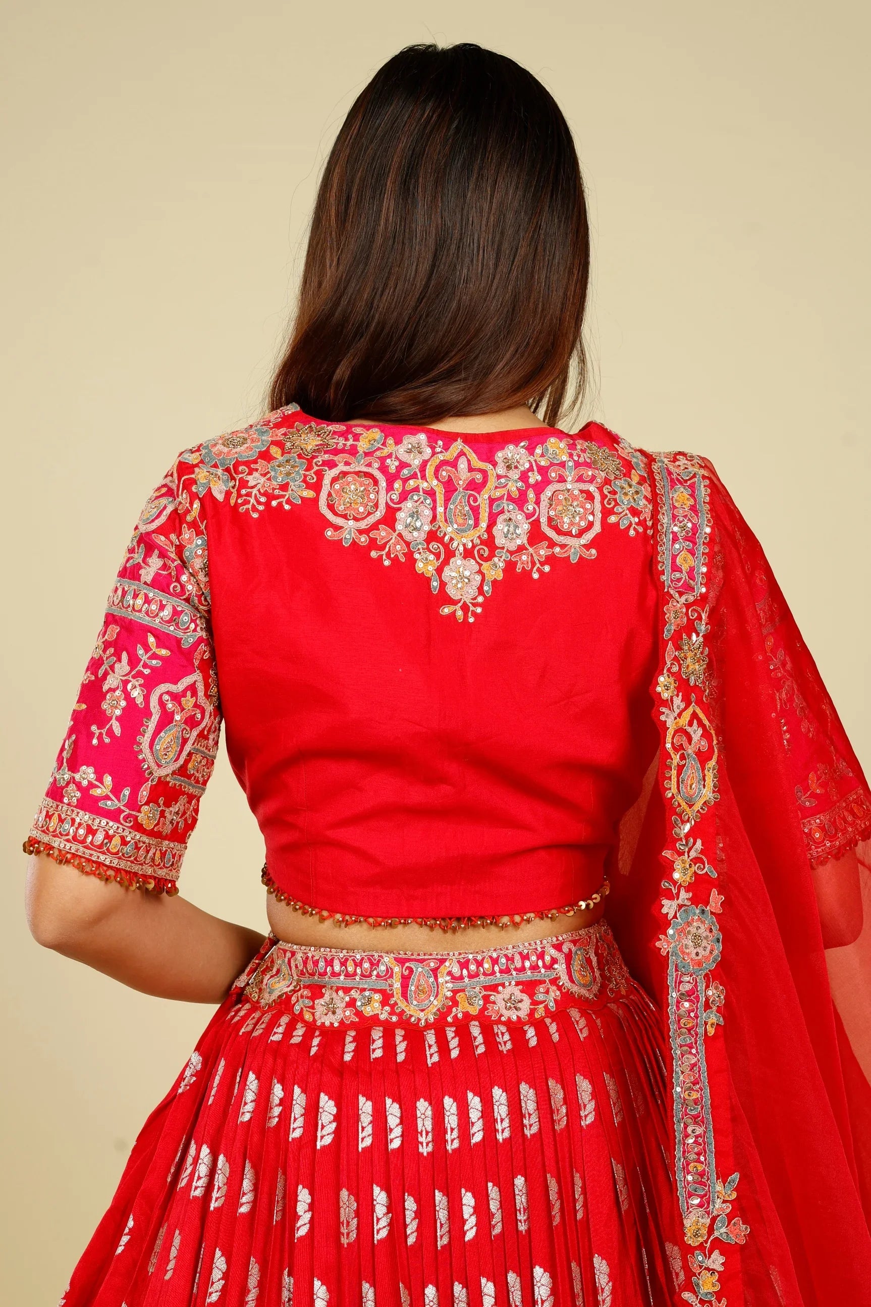 Red & Pink Banarasi Silk Lehenga Set with Zari & Sequin Embroidery - Mokshaa