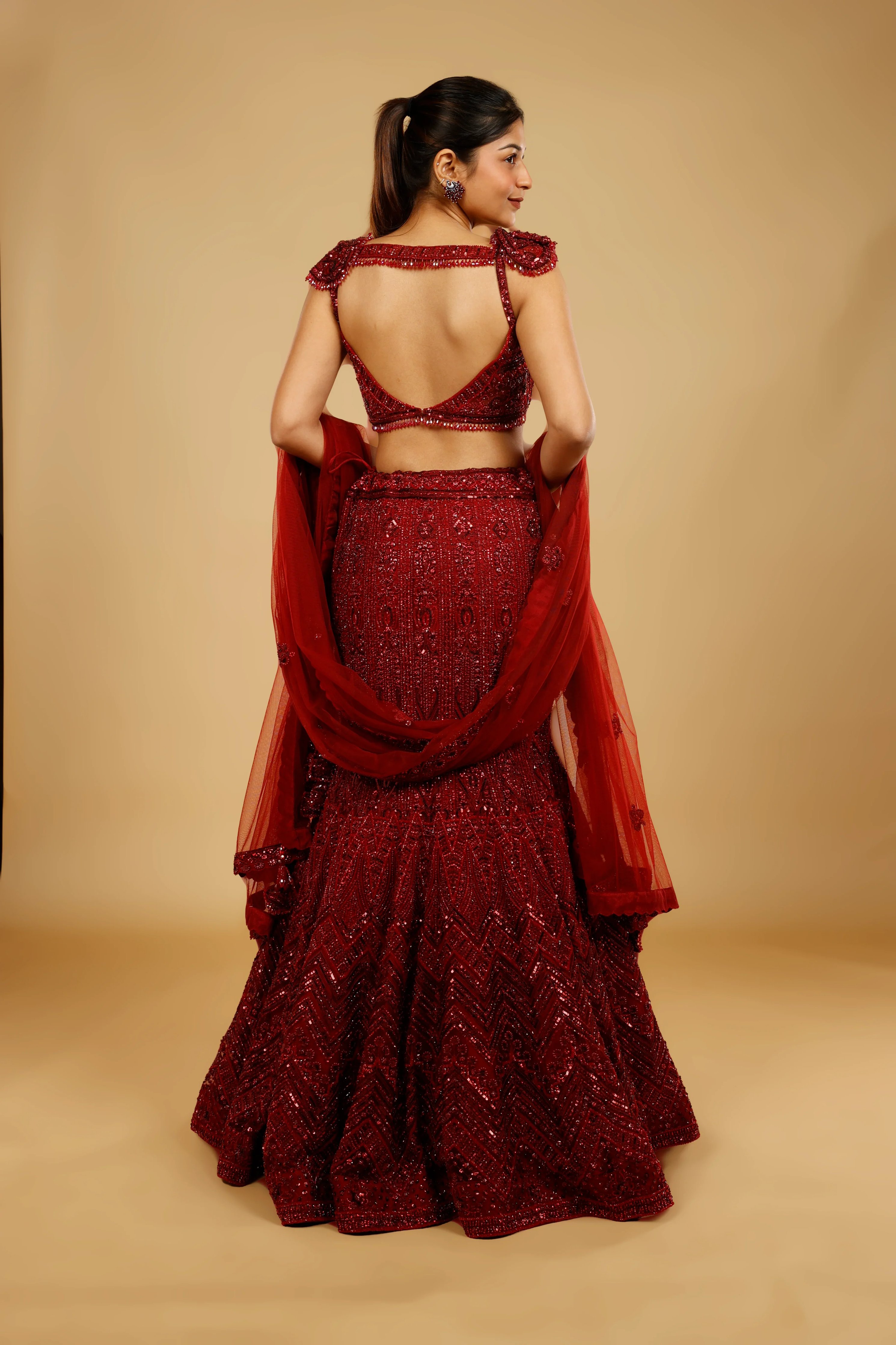 Maroon Hand-Embroidered Mermaid Lehenga Set - Mokshaa