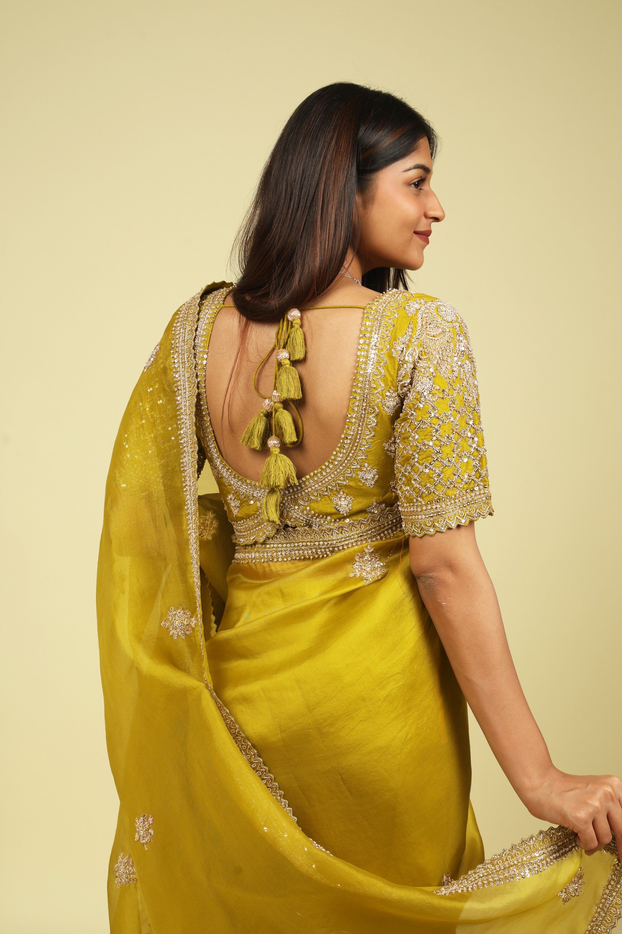 Lime Green Organza Saree with Zardoosi, Sequin Buttas & Embroidered Border - Mokshaa
