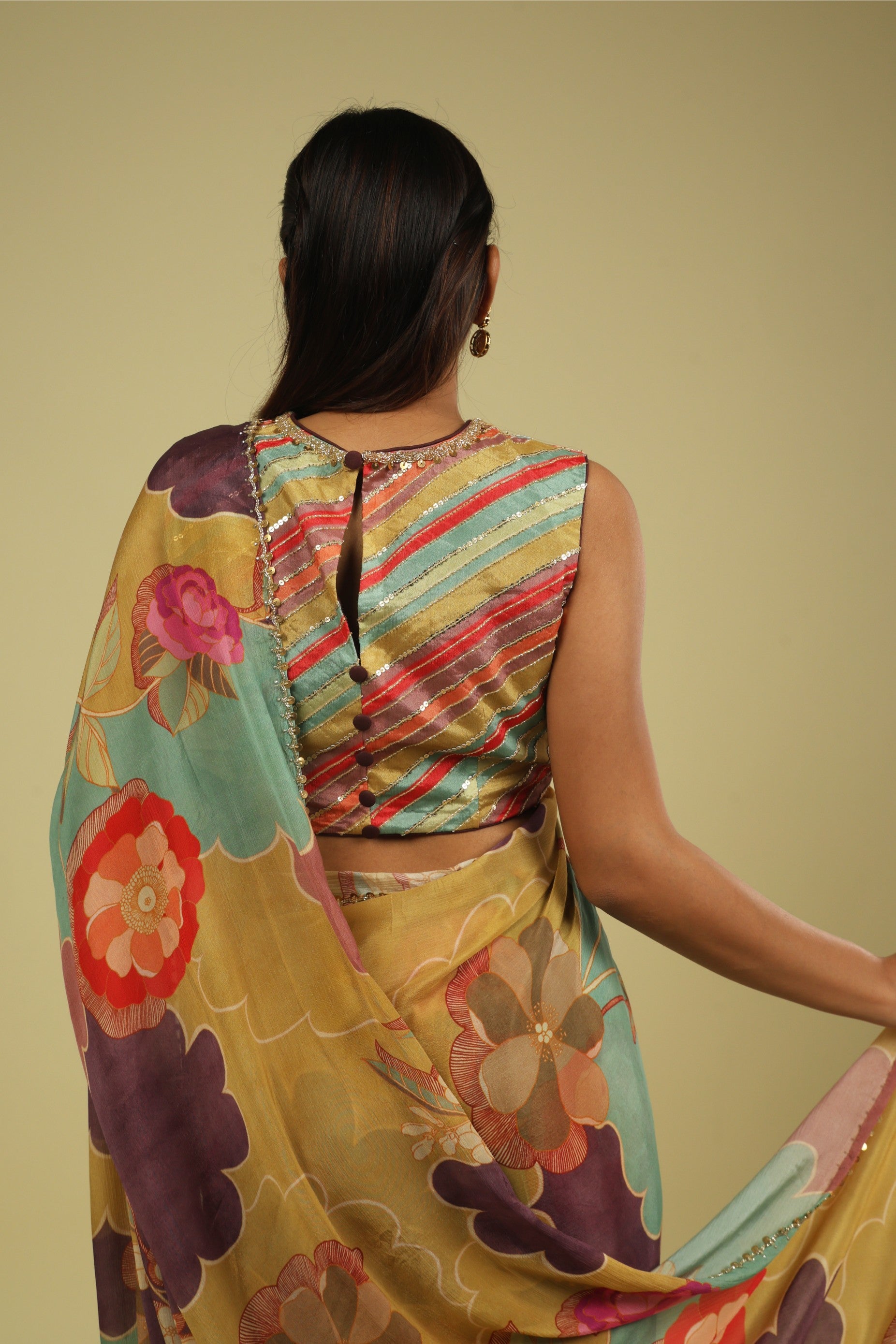 Multicolour Silky Georgette Saree with Digital Print & Bead-Sequin Border - Mokshaa