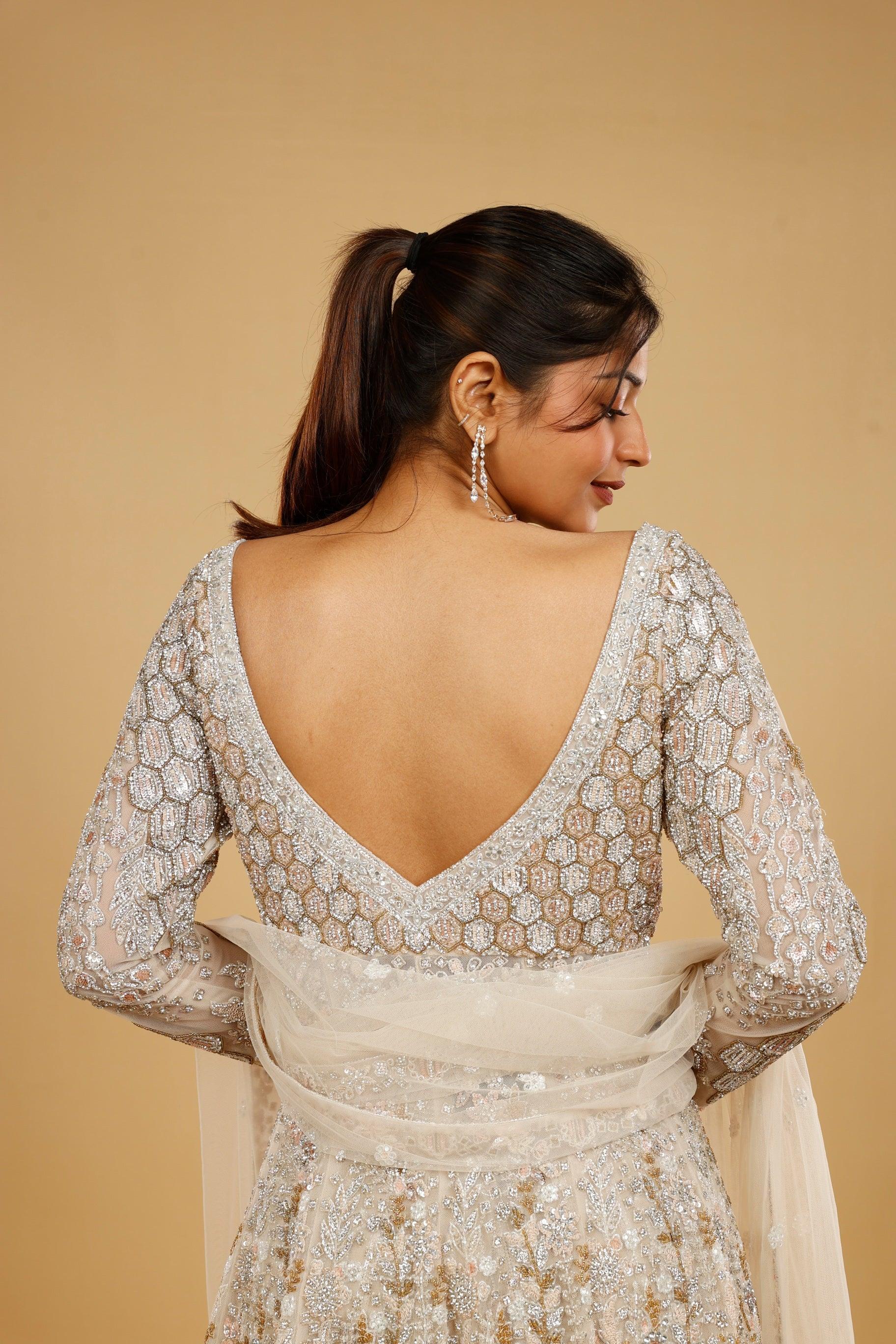 Ivory Net Sharara Set with Stone, Kundan & Sequin Embroidery - Mokshaa