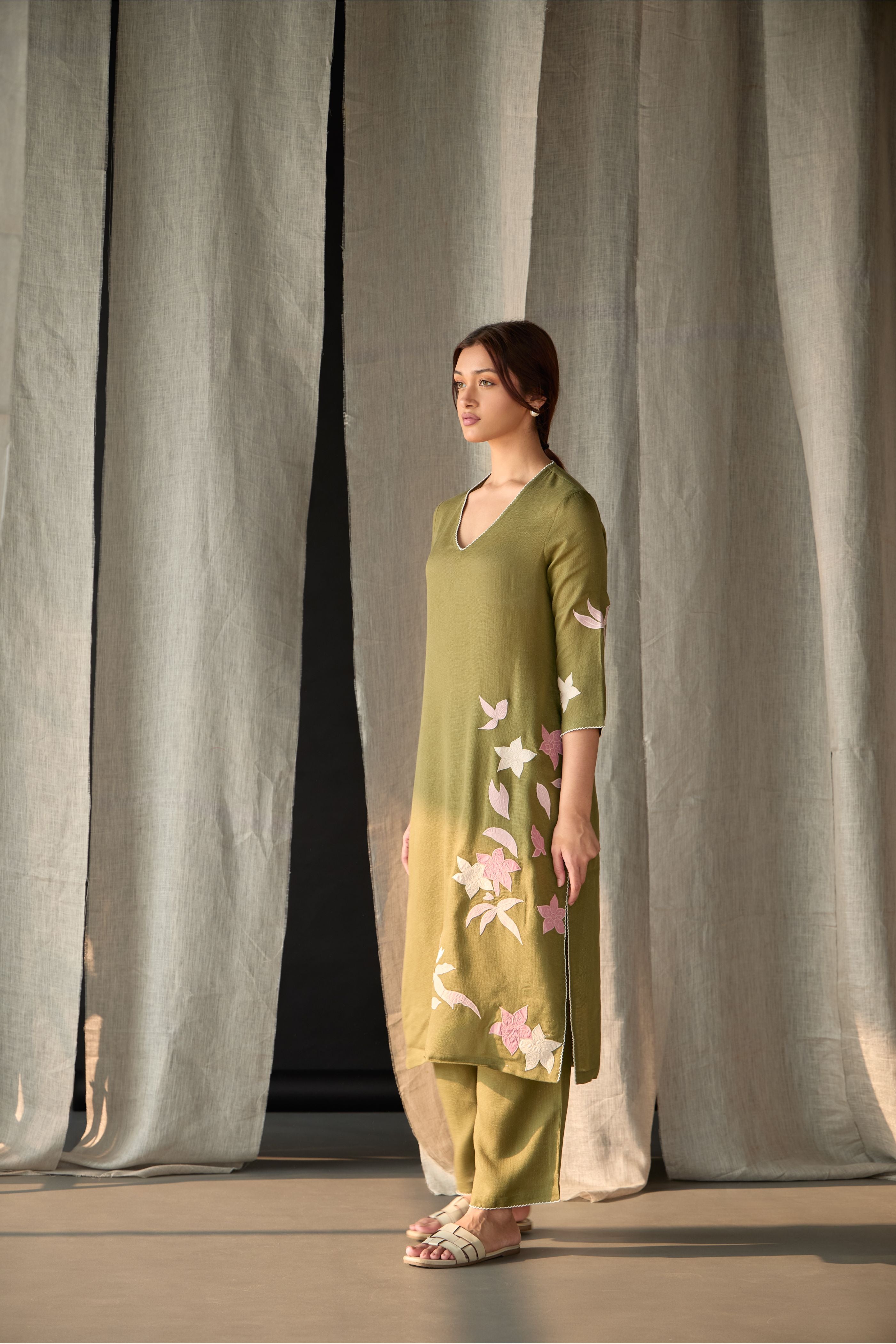 Olive Linen Applique Kurta Set - Mokshaa