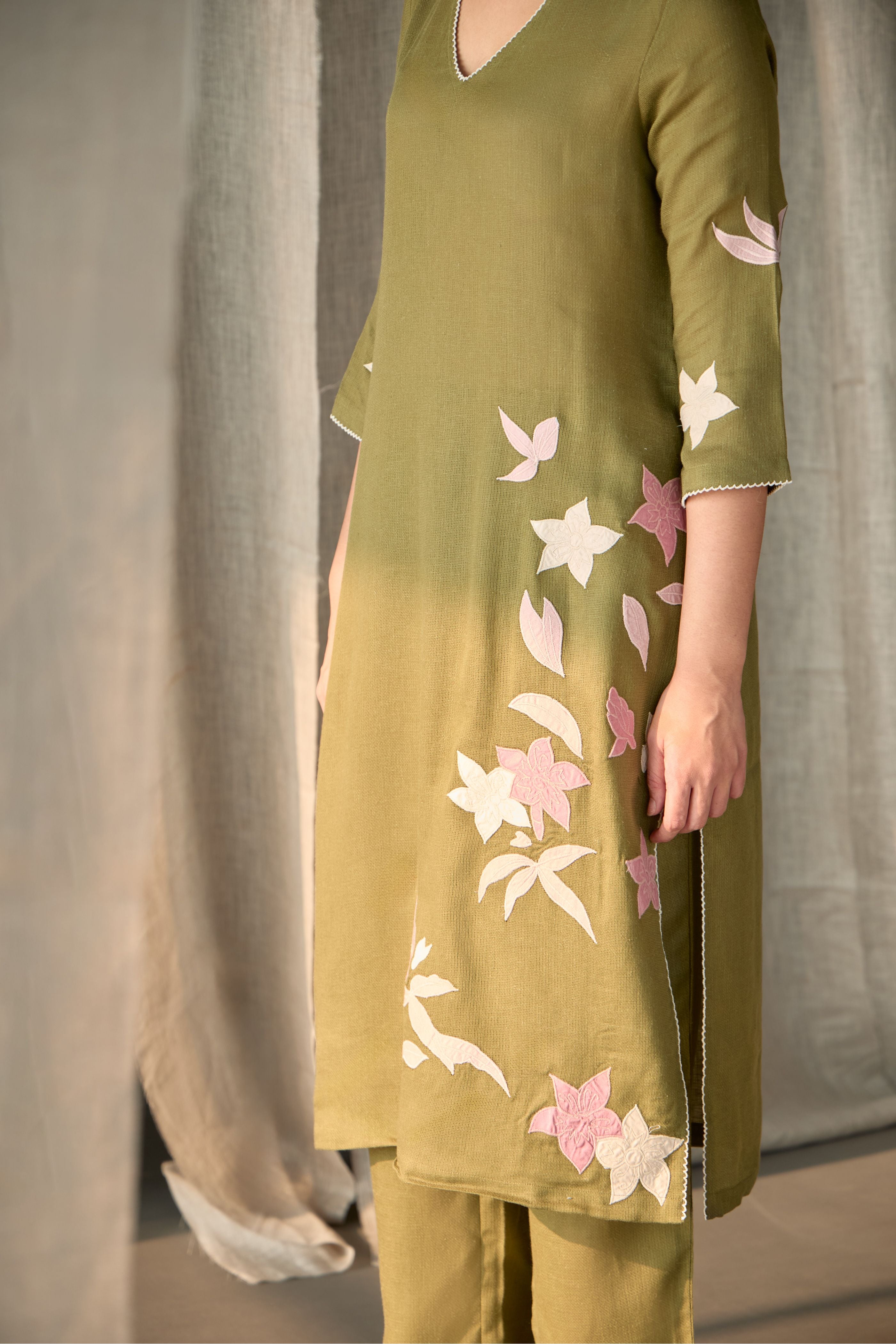 Olive Linen Applique Kurta Set - Mokshaa