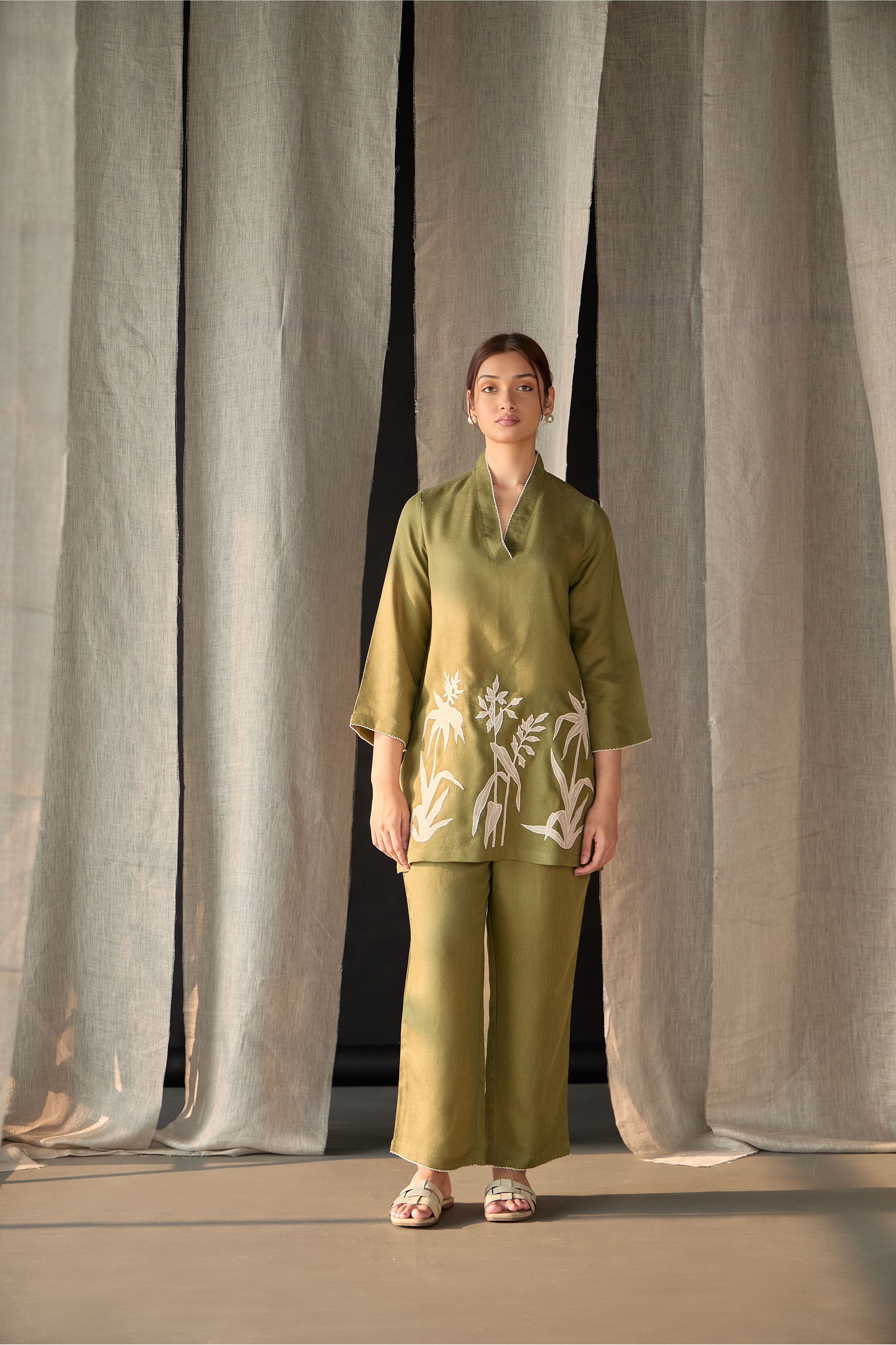 Olive Applique Linen Co-ord Set - Mokshaa