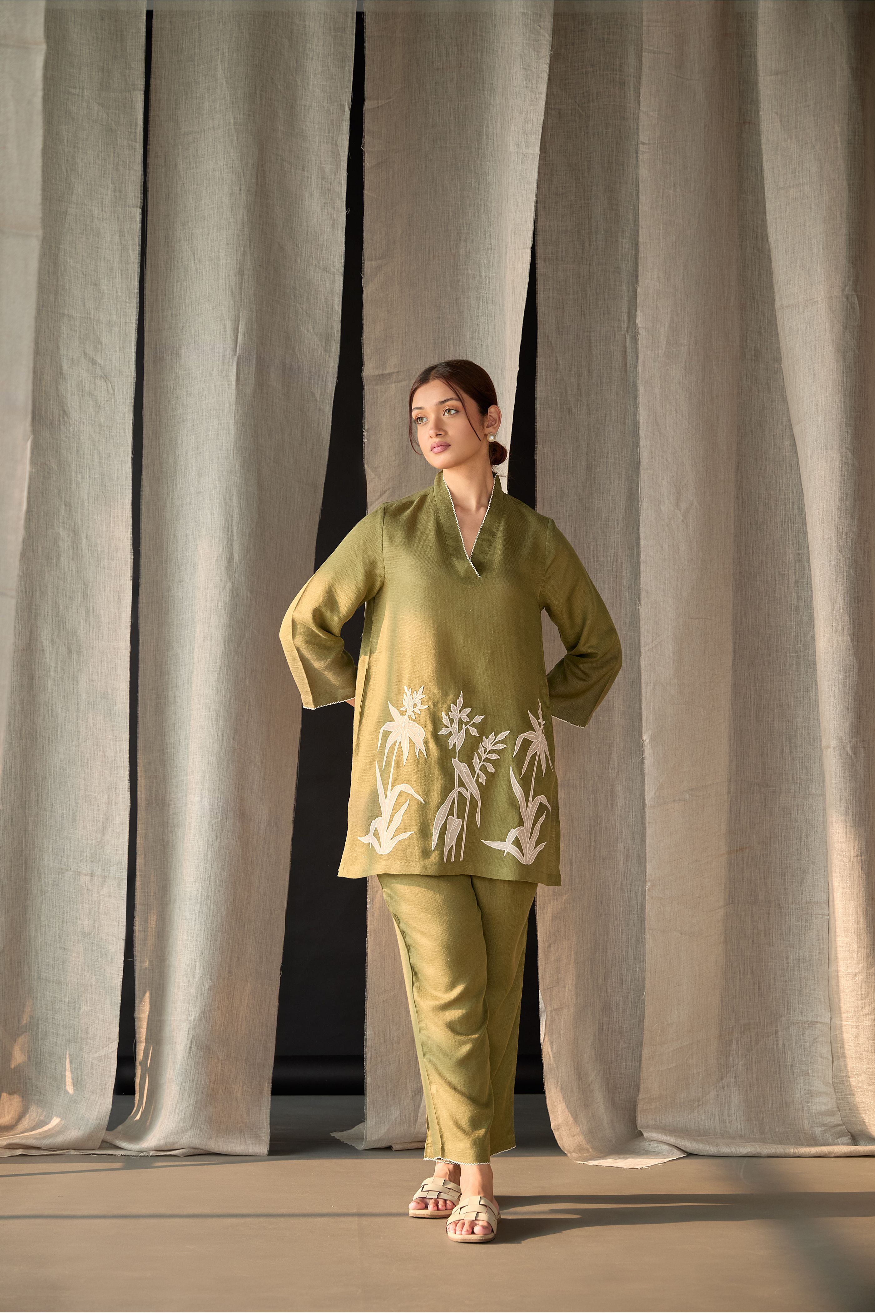 Olive Applique Linen Co-ord Set - Mokshaa