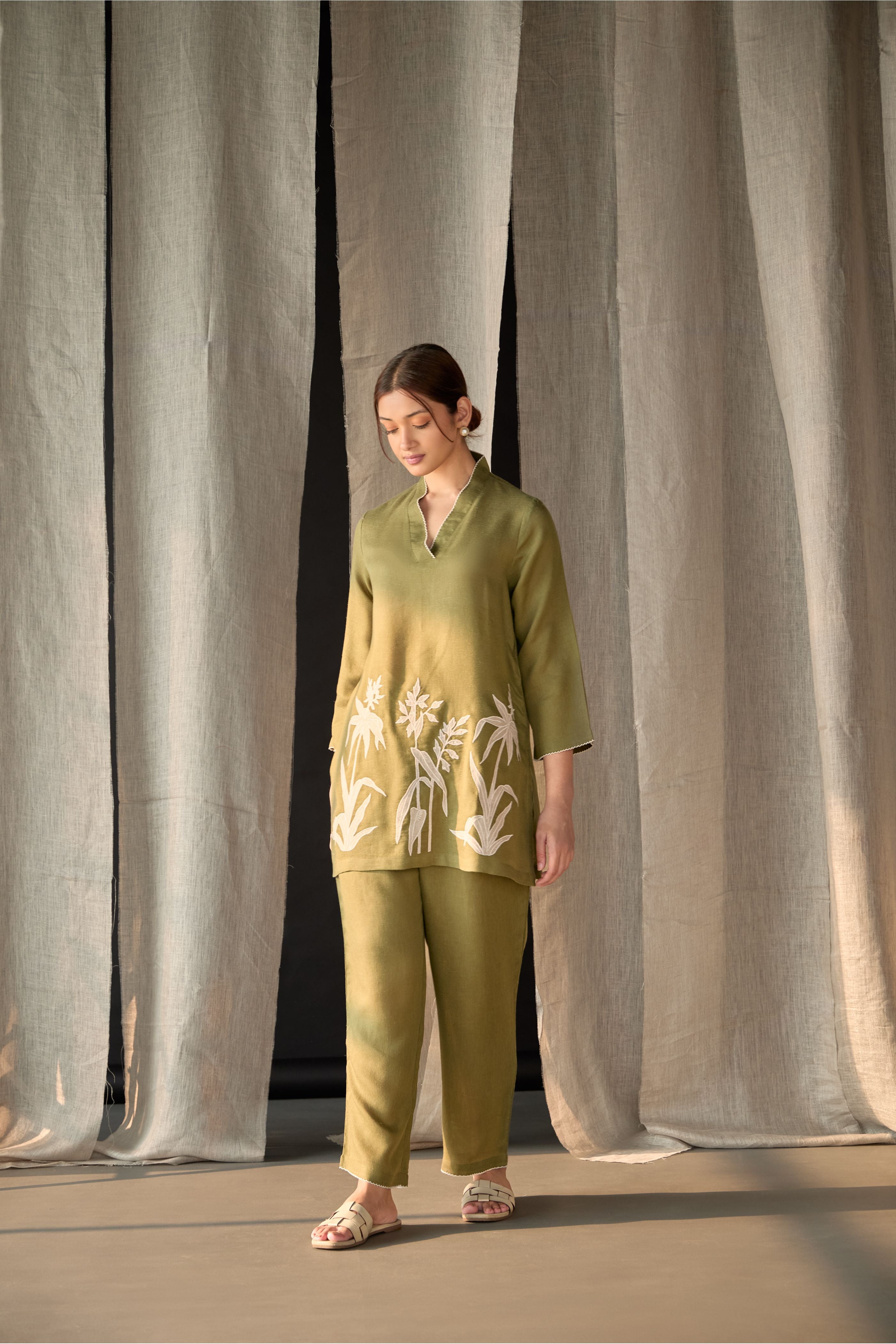 Olive Applique Linen Co-ord Set - Mokshaa