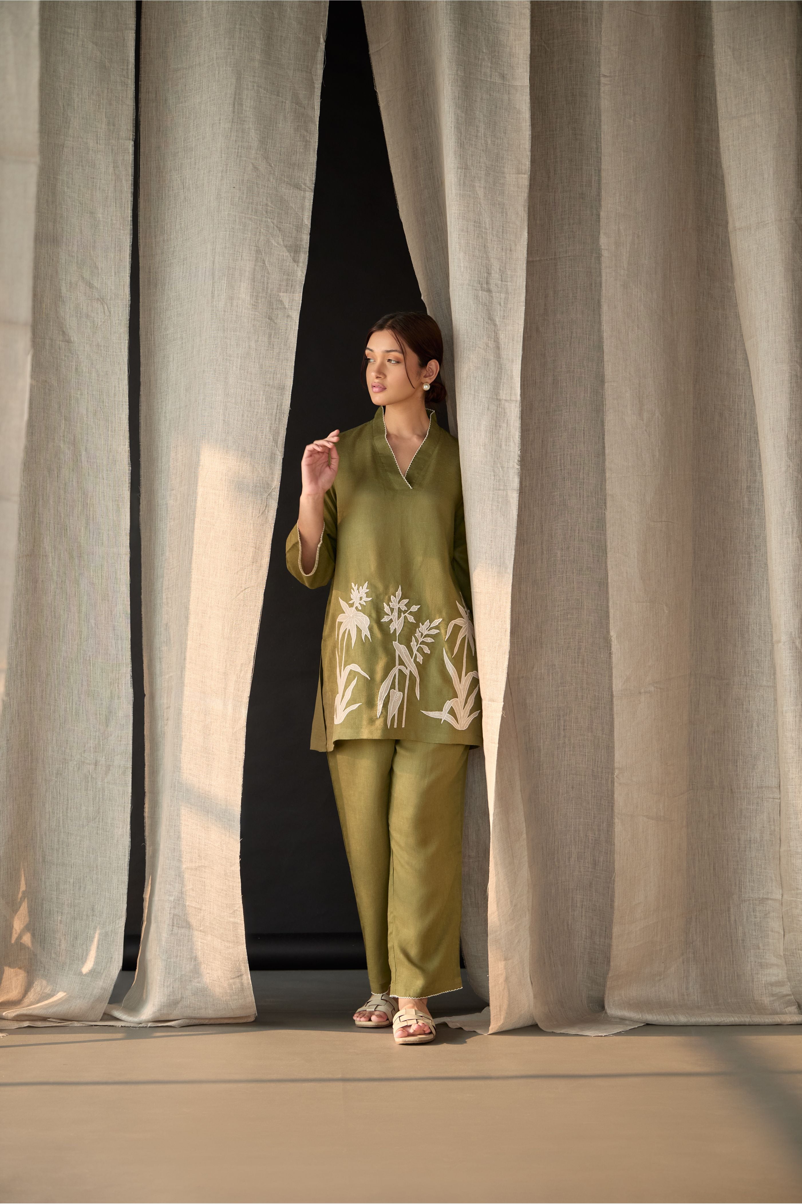 Olive Applique Linen Co-ord Set - Mokshaa