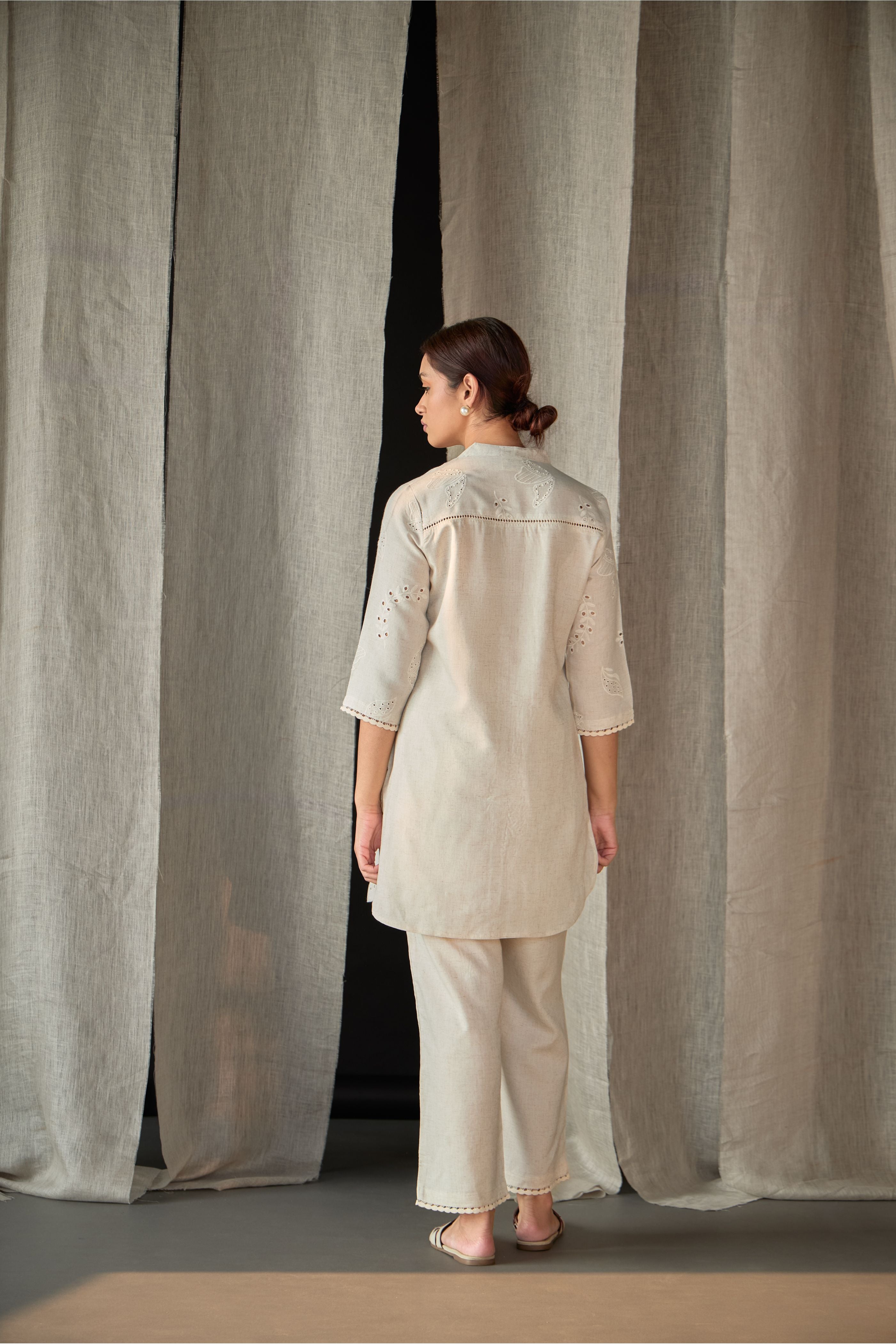 Natural Linen Schiffli Cutwork Co-ord Set - Mokshaa