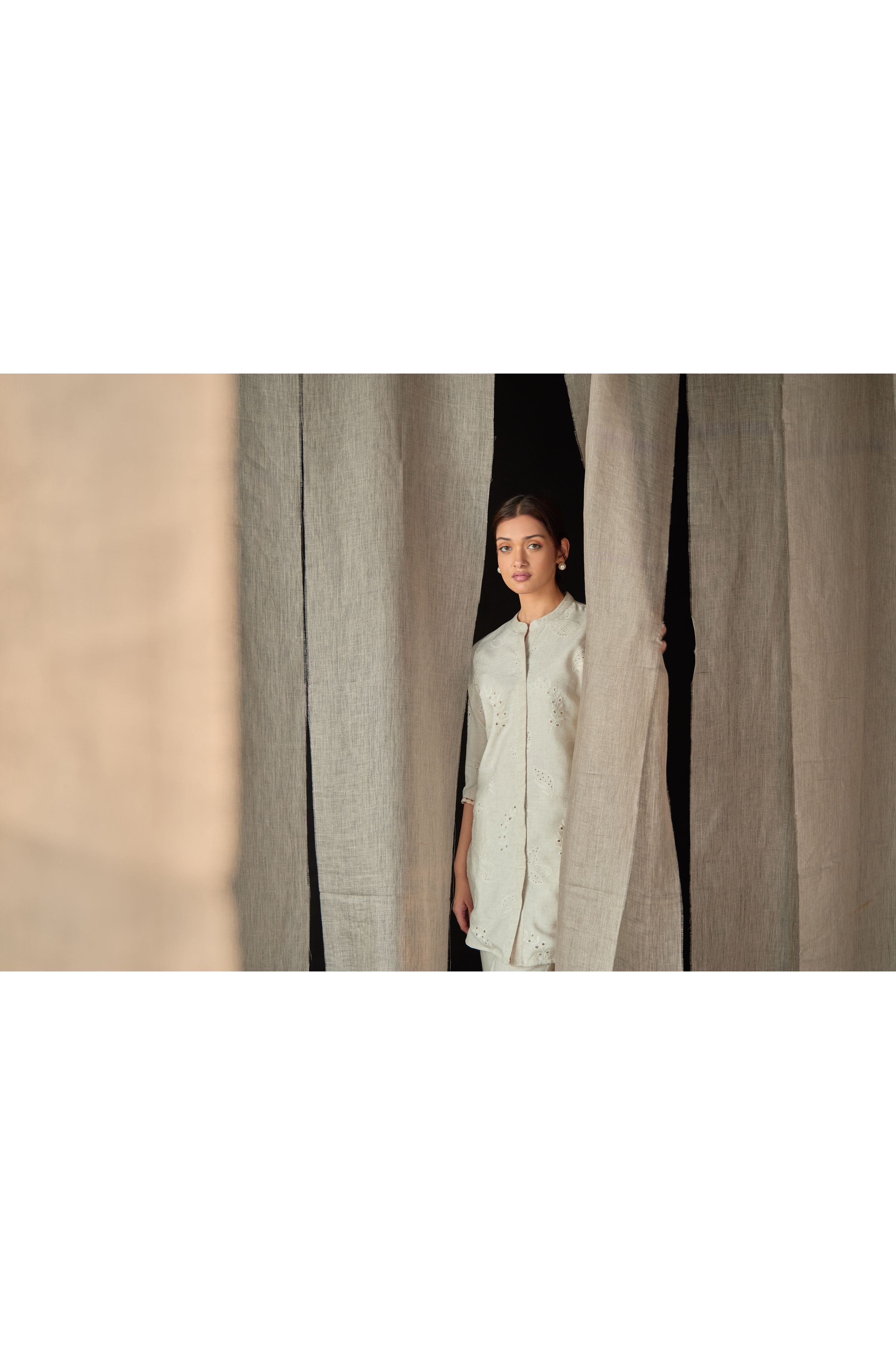 Natural Linen Schiffli Cutwork Co-ord Set - Mokshaa