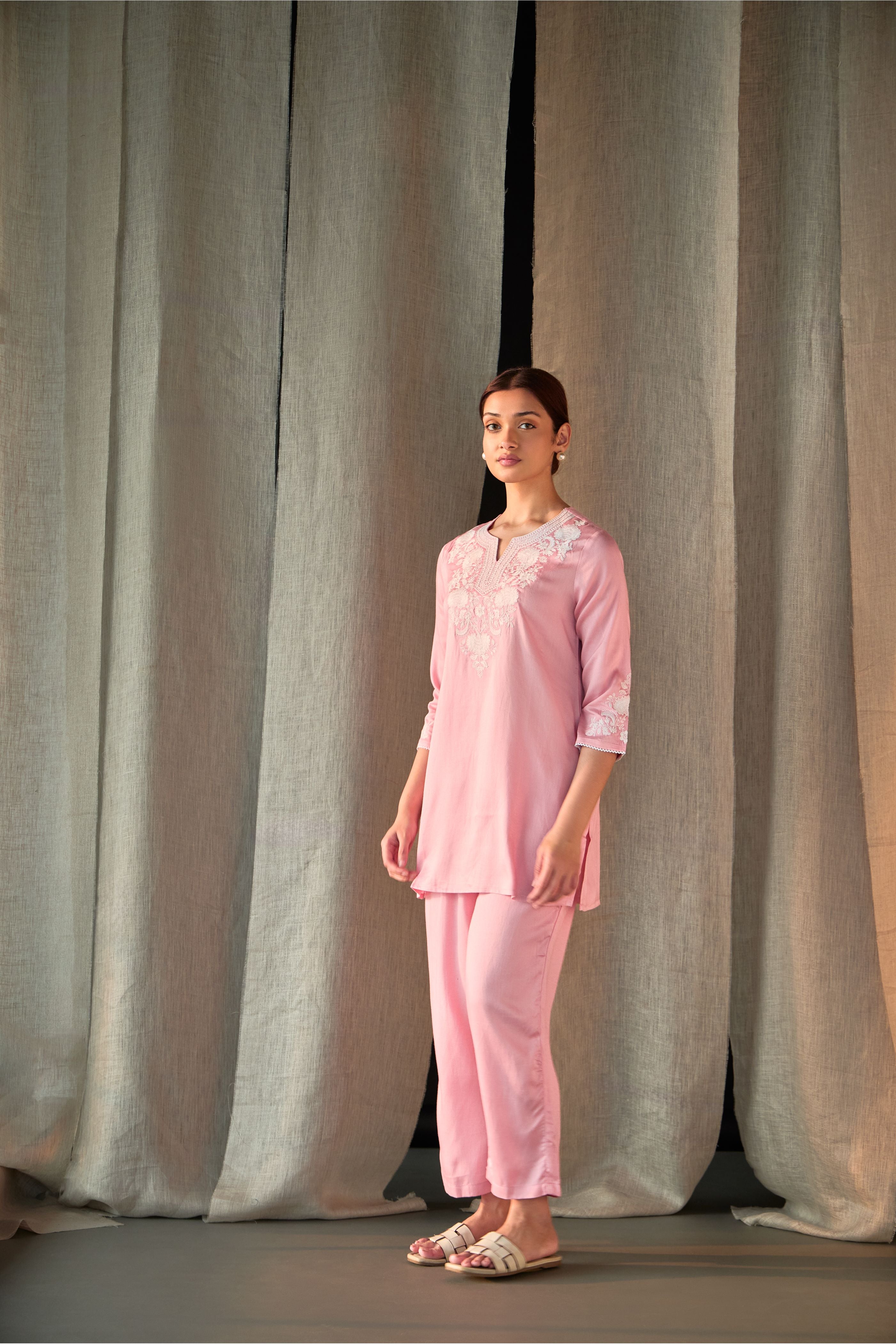 Pink Yoke Embroidered Ecovero Co-ord Set - Mokshaa