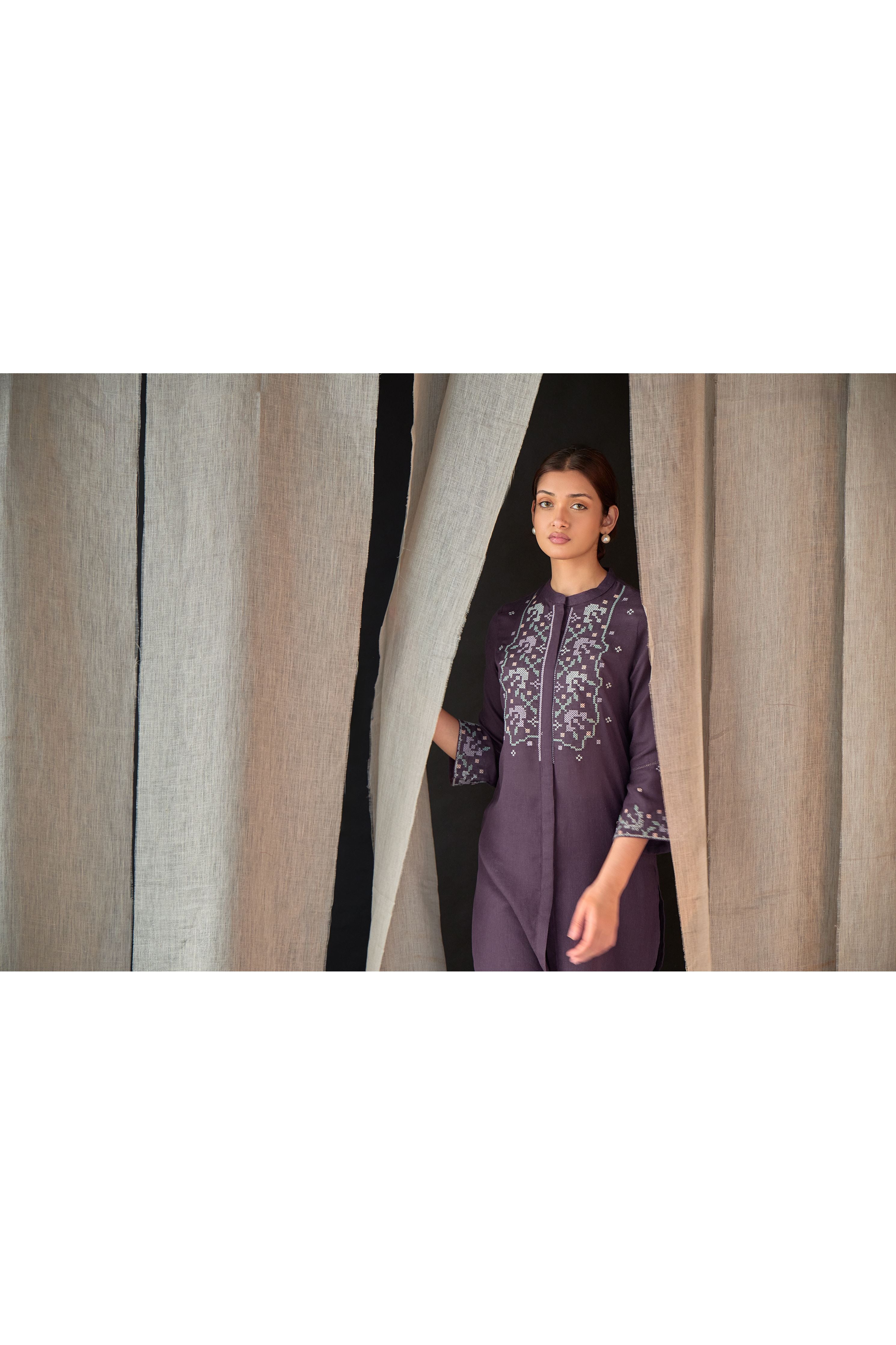 Grape Linen Cross-Stitch Co-ord Set - Mokshaa