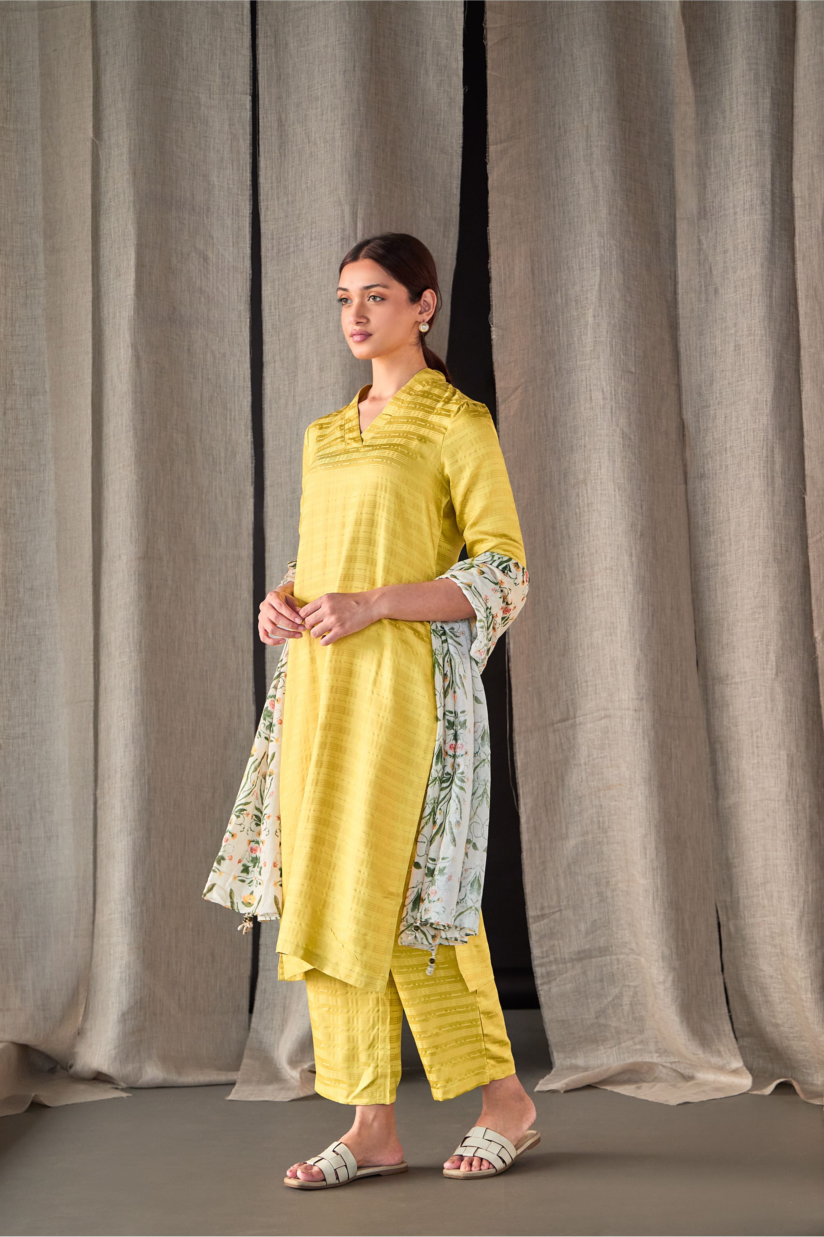 Yellow Tencel Kurta Set with Odhani - Mokshaa