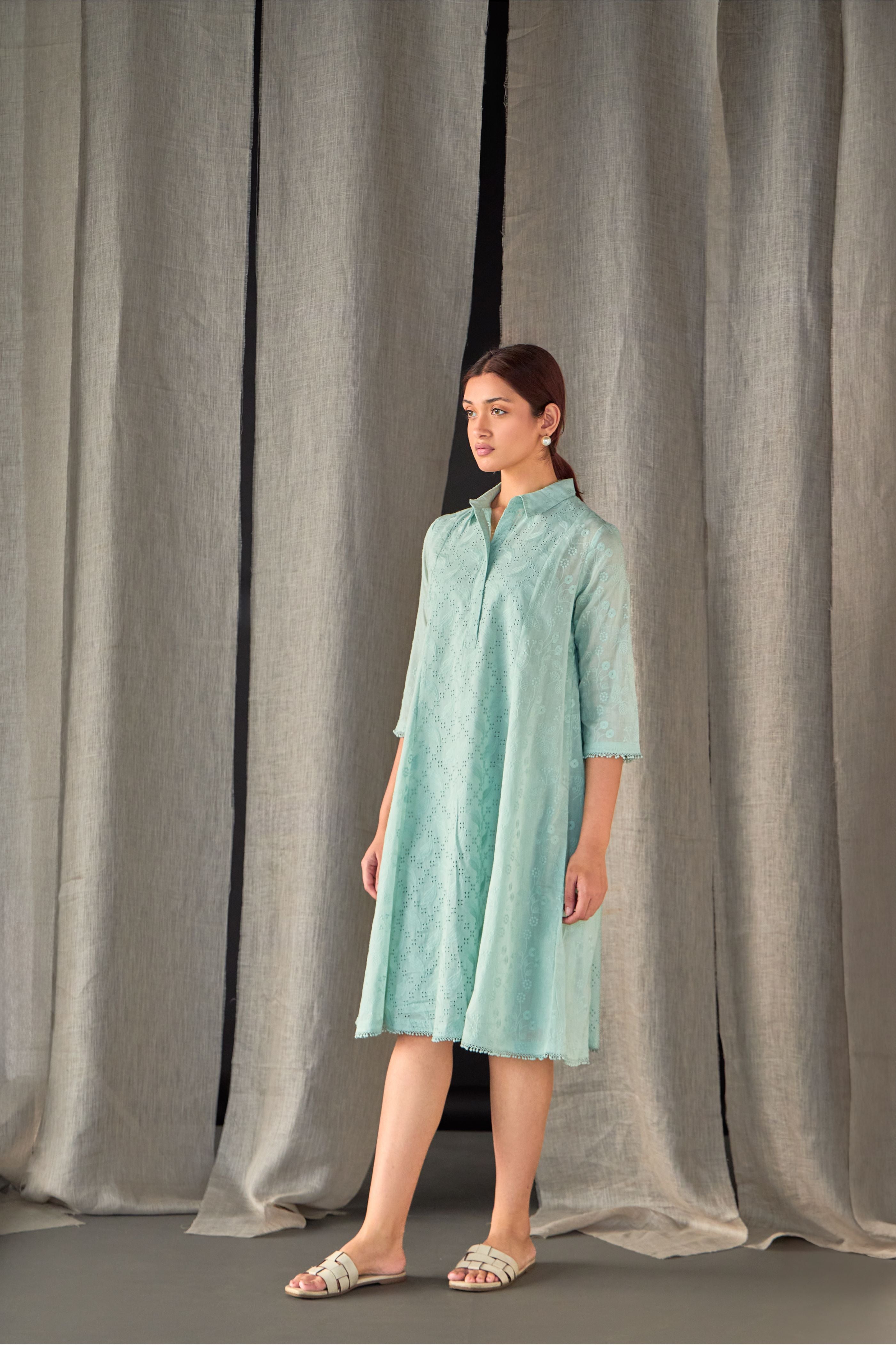 Aqua Pure Cotton Schiffli Cutwork Dress - Mokshaa