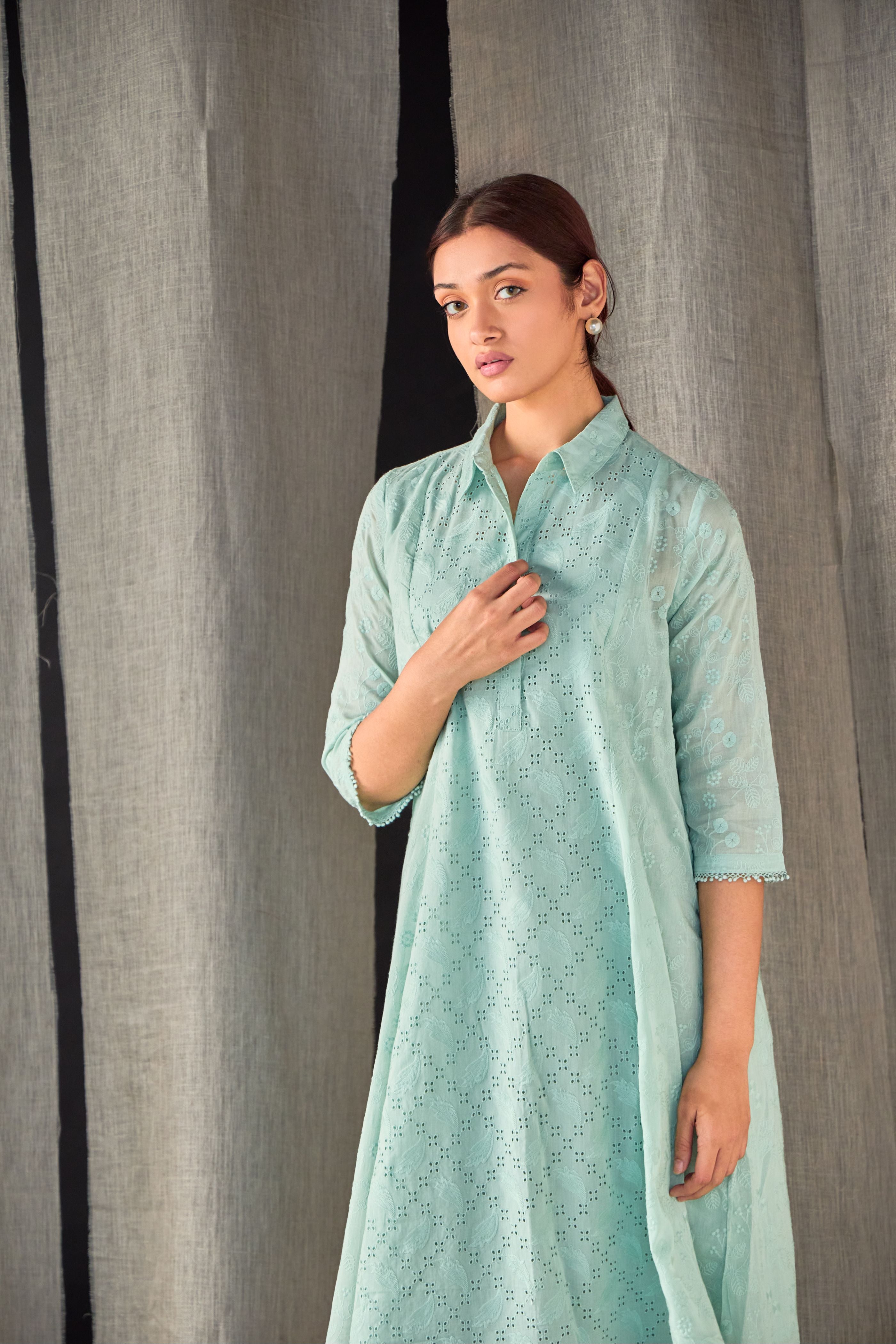 Aqua Pure Cotton Schiffli Cutwork Dress - Mokshaa