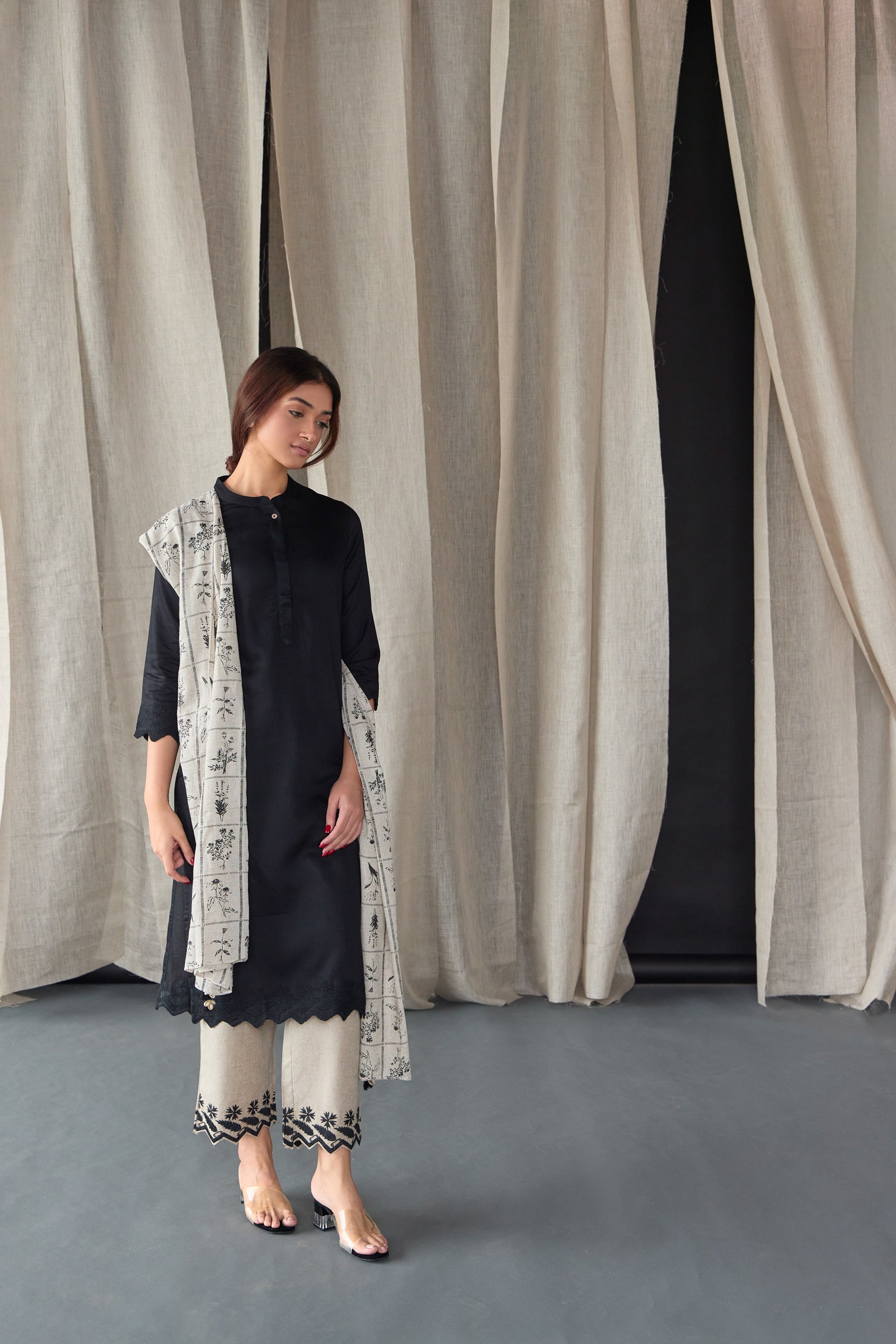 Hand Scalloped Black Kurta set with Tonal Embroidery - Mokshaa