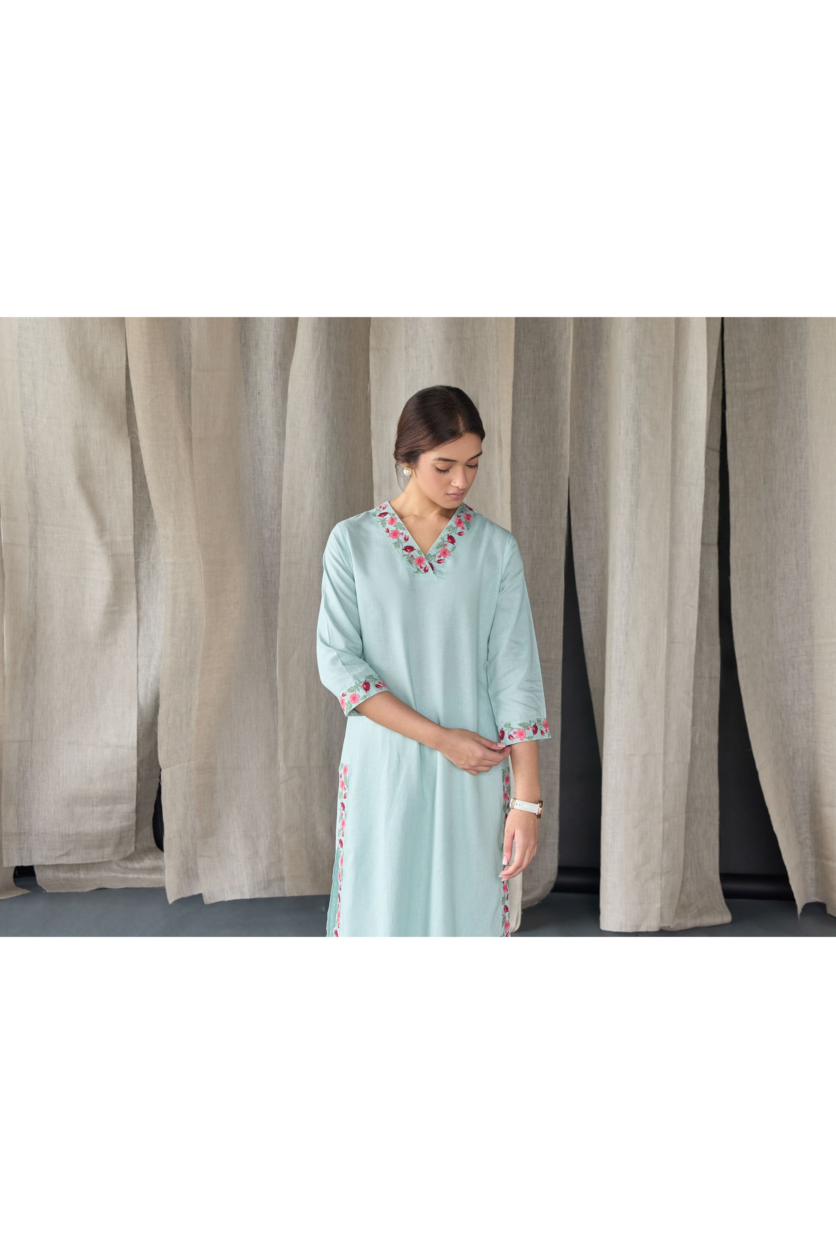 Mineral Blue Floral Embroidered Linen Kurta Set - Mokshaa