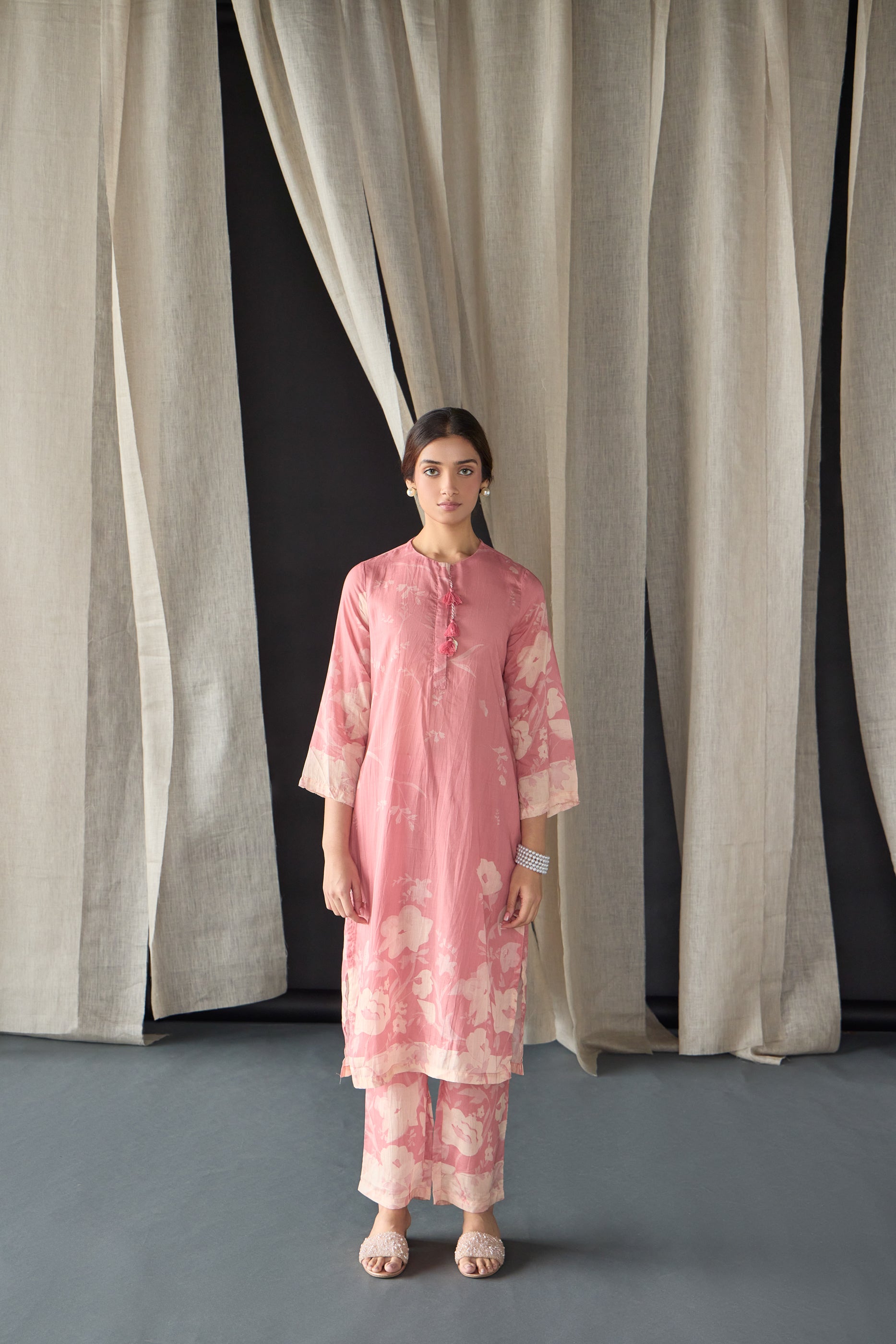 Pink Floral Tencel Kurta Set (of 2) - Mokshaa