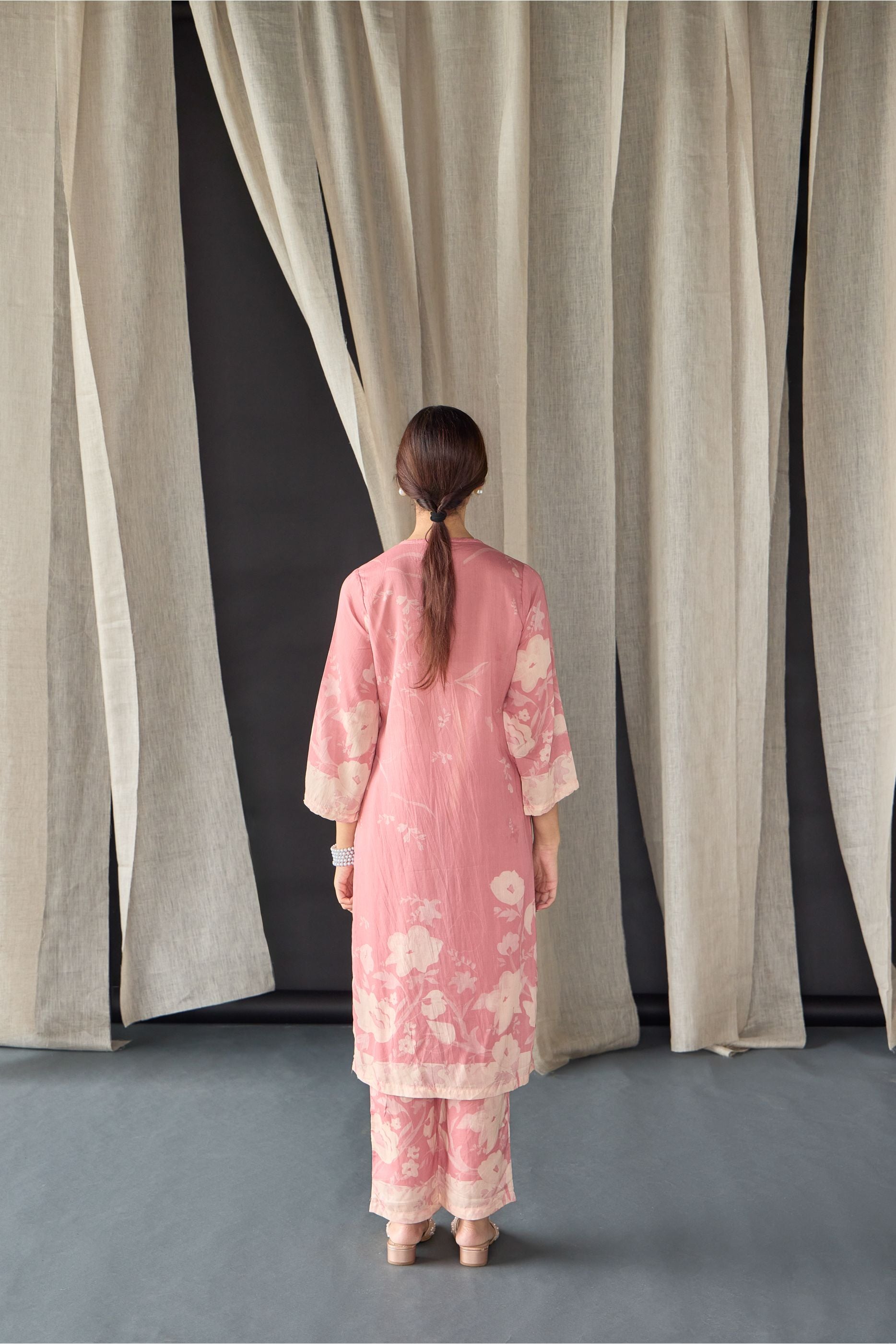 Pink Floral Tencel Kurta Set (of 2) - Mokshaa