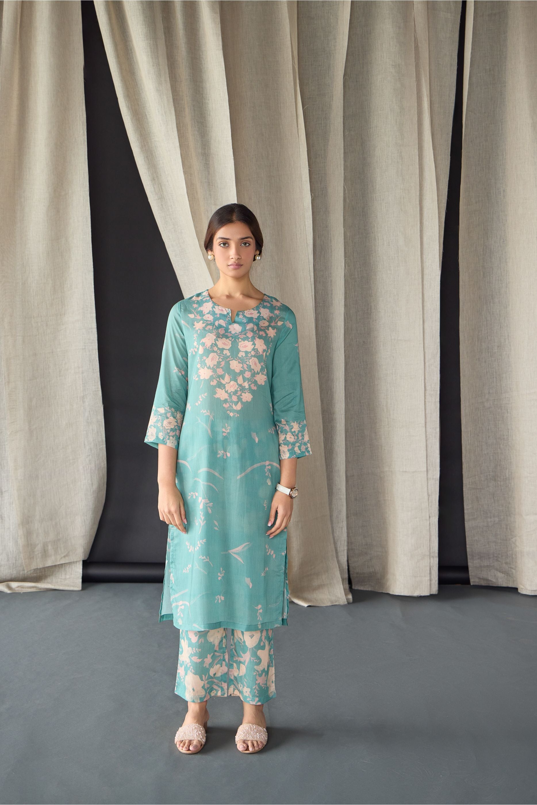 Retro Blue Floral Tencel Kurta Set (of 2) - Mokshaa