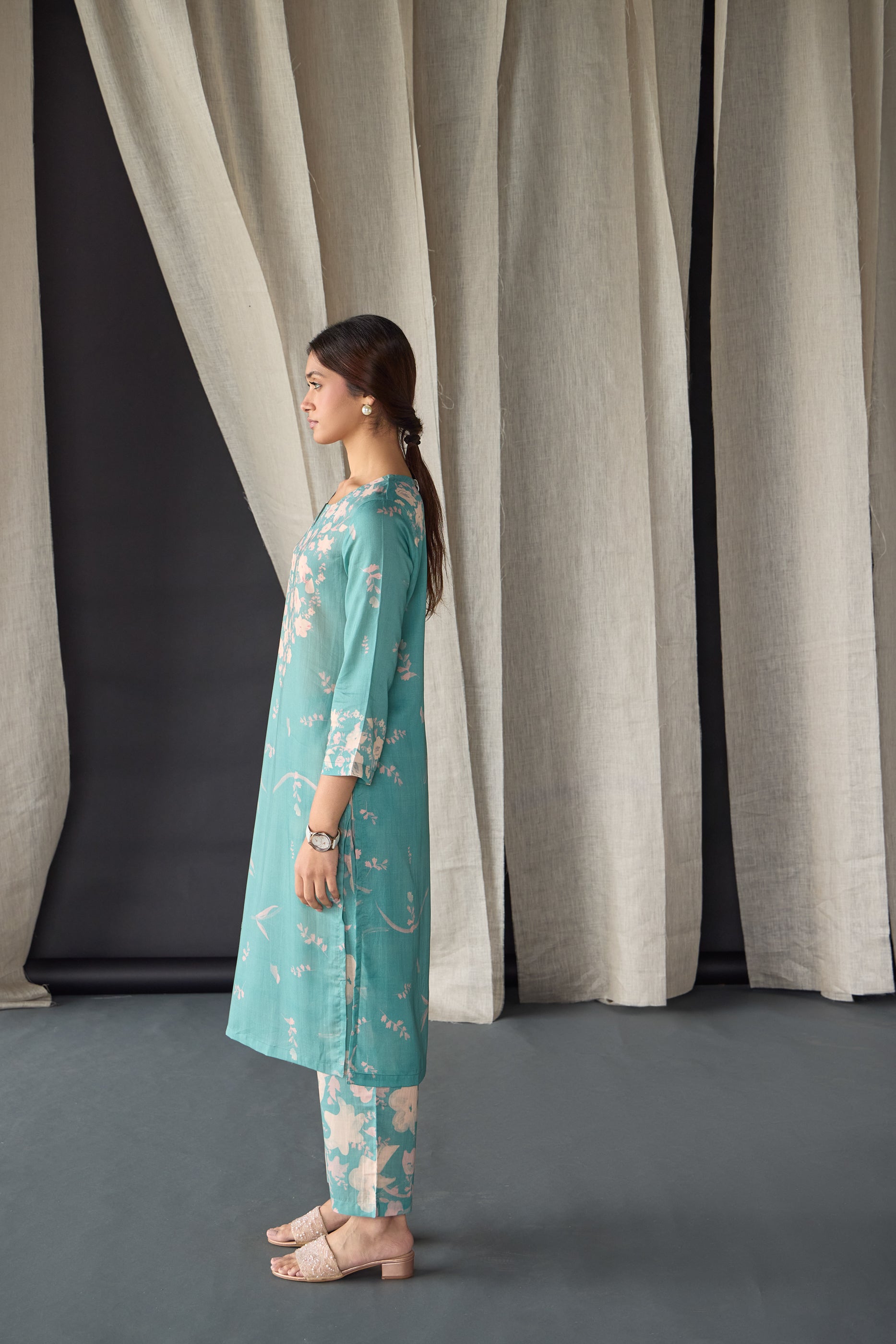 Retro Blue Floral Tencel Kurta Set (of 2) - Mokshaa