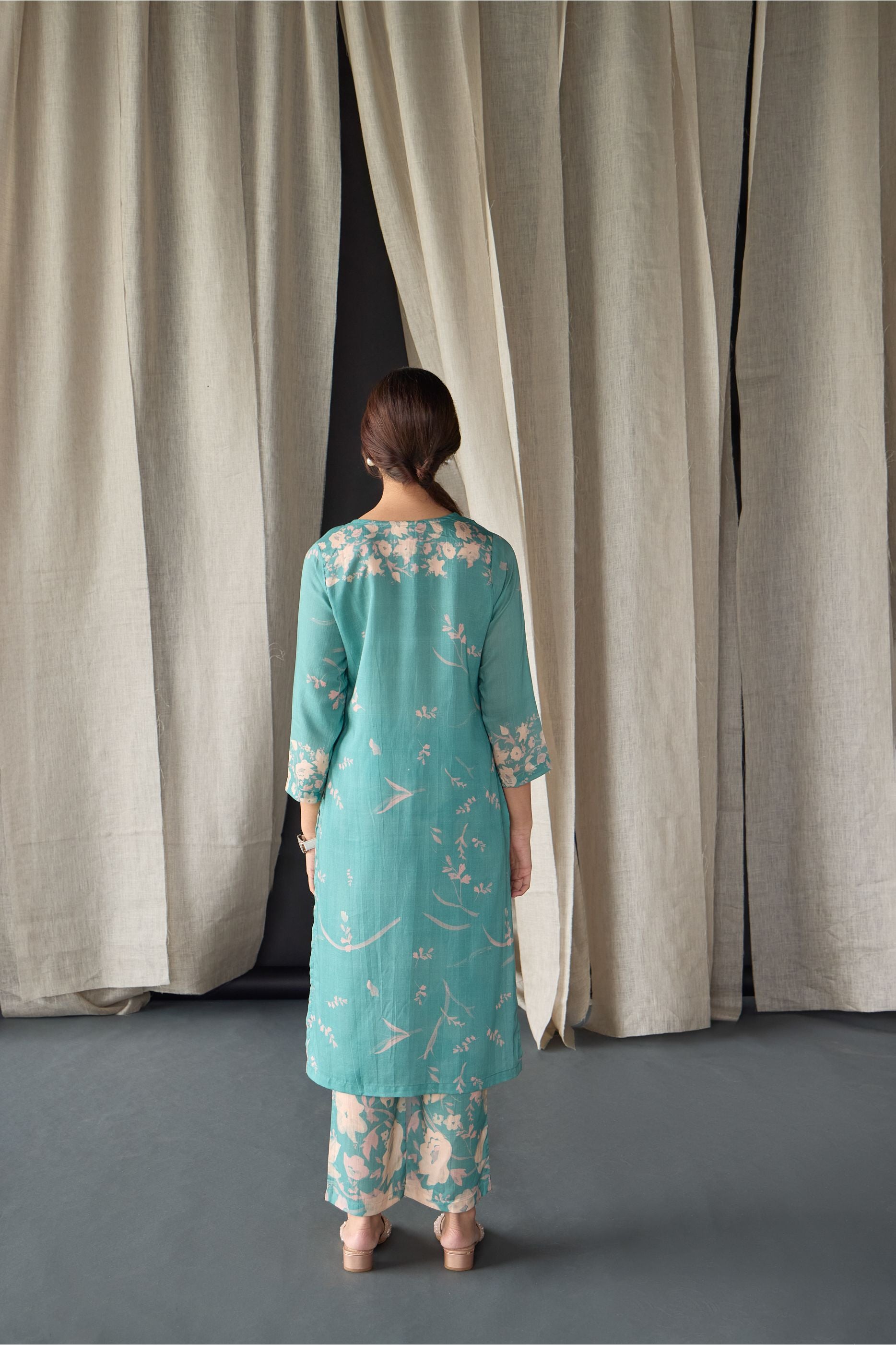 Retro Blue Floral Tencel Kurta Set (of 2) - Mokshaa