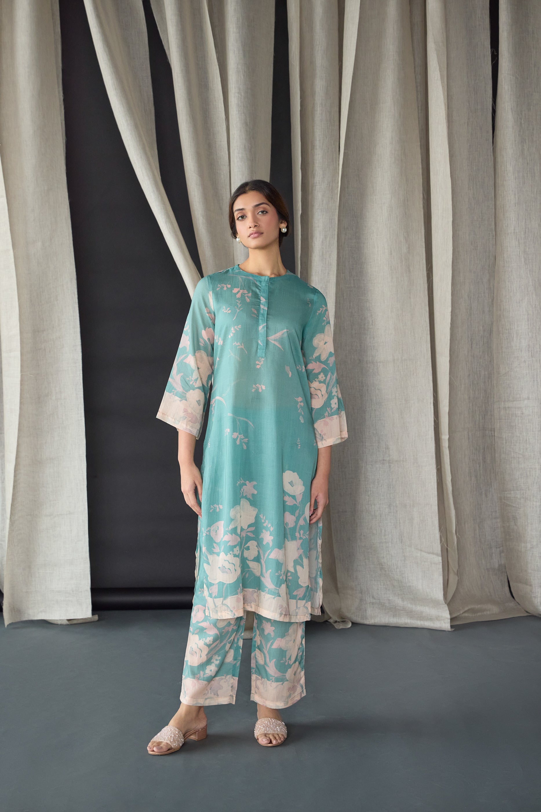 Blue Floral Tencel Kurta Set (of 2) - Mokshaa