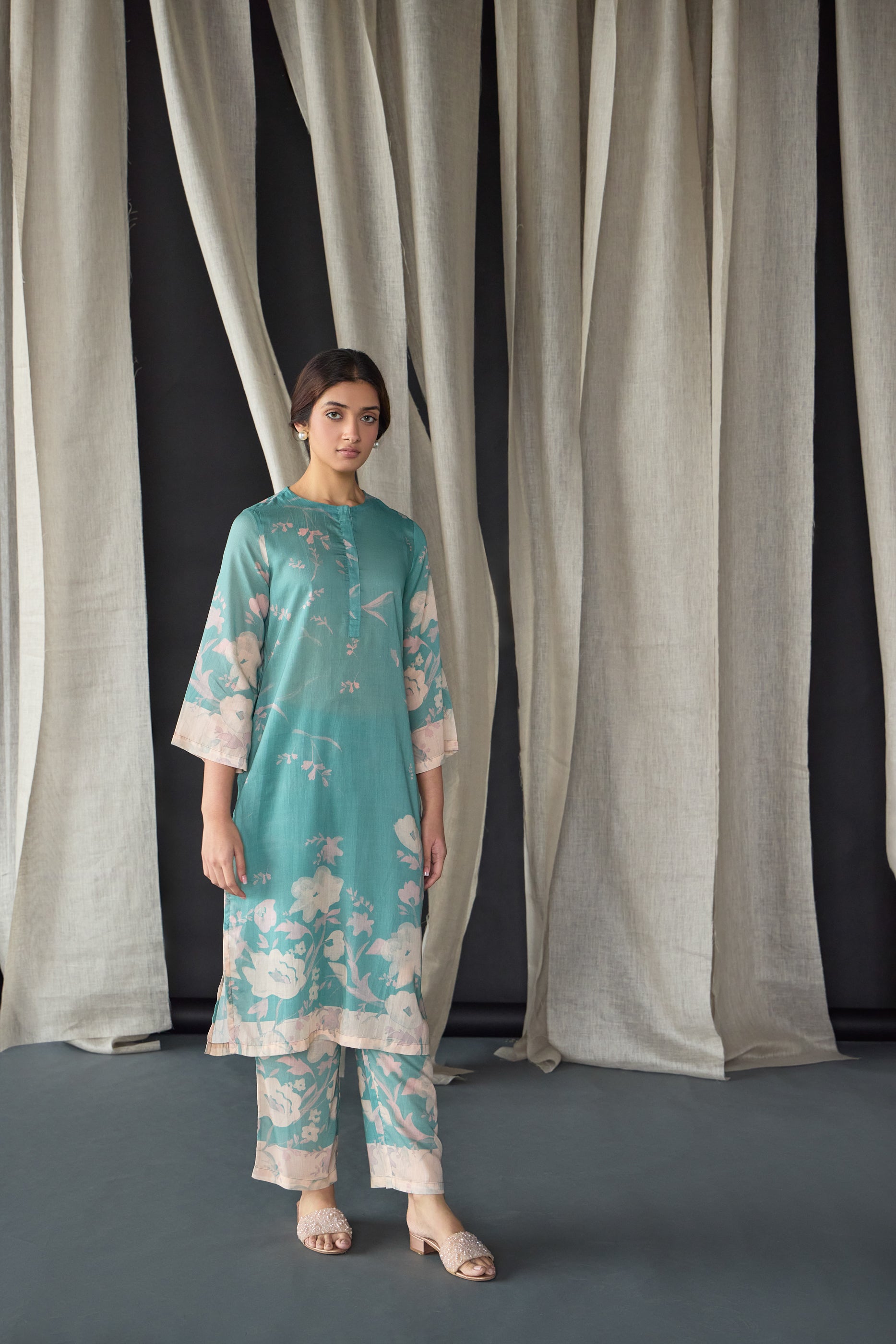 Blue Floral Tencel Kurta Set (of 2) - Mokshaa