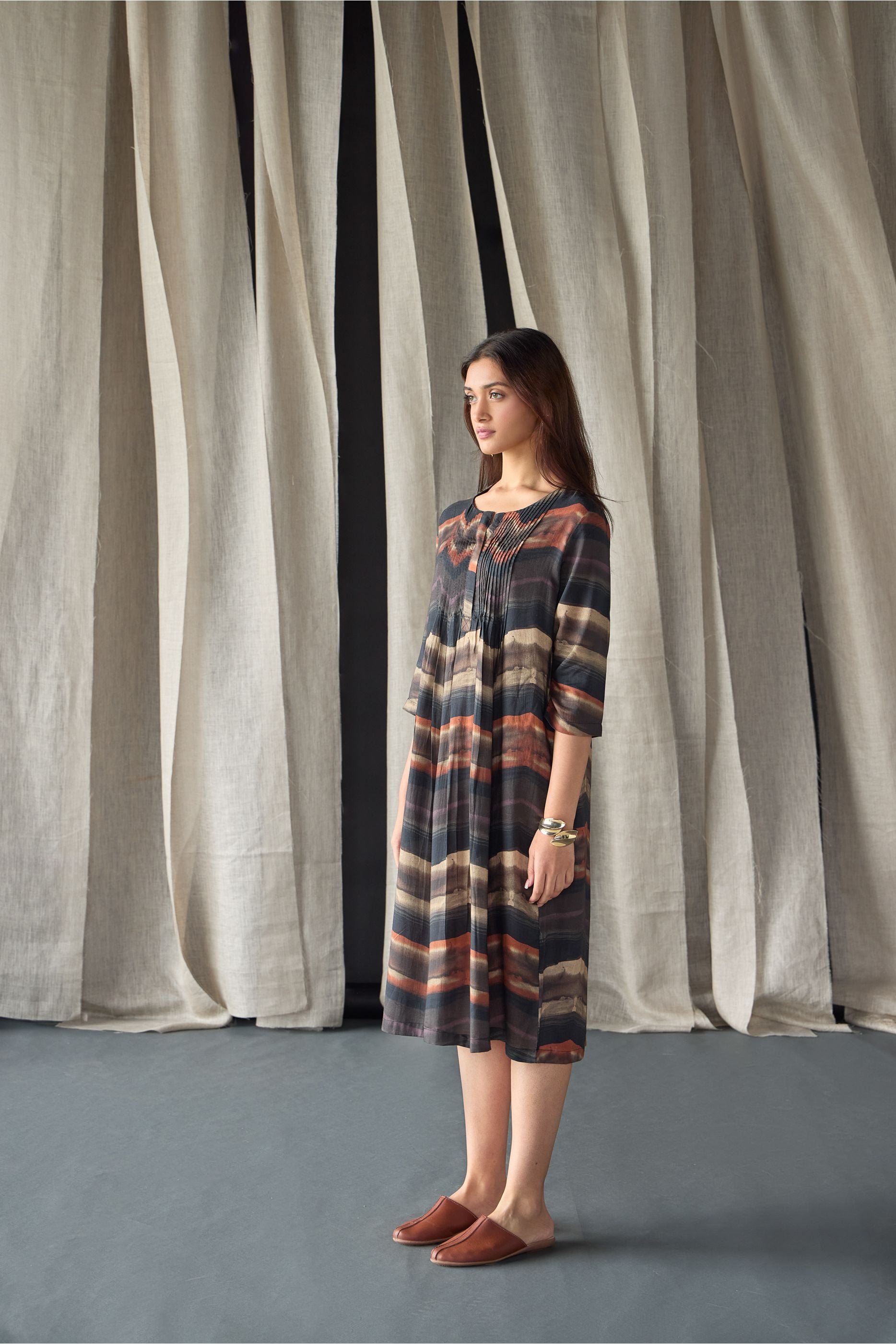 Valley Paint Flowy Silk Dress-Black - Mokshaa