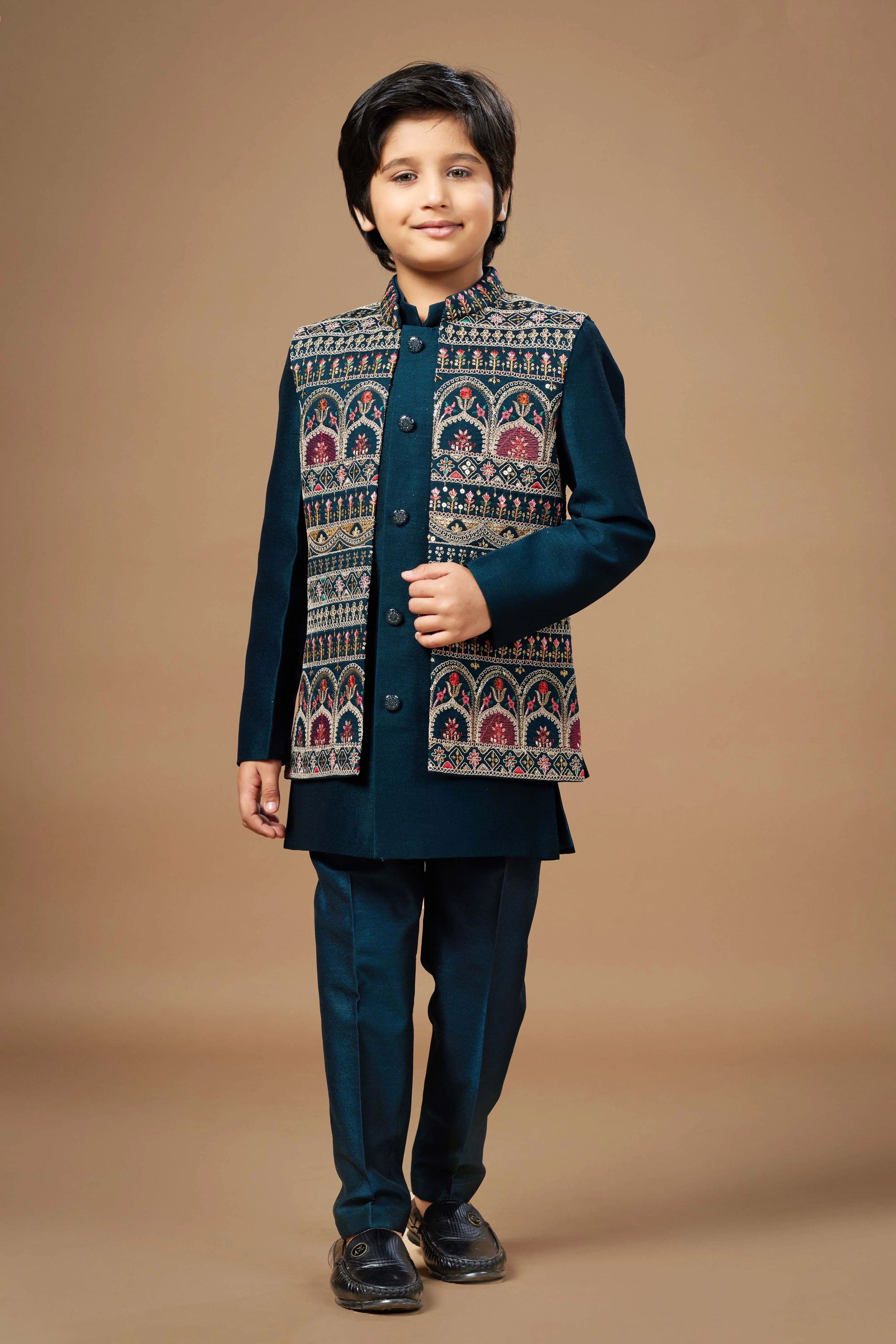 Teal Boys Ethnic Wear Set with Embroidered Jacket - Mokshaa
