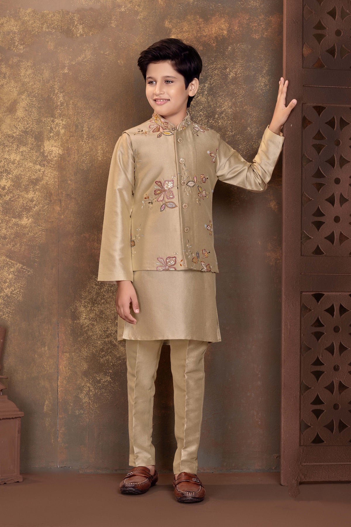 Beige Floral Embroidered Bandi Kurta Set - Mokshaa