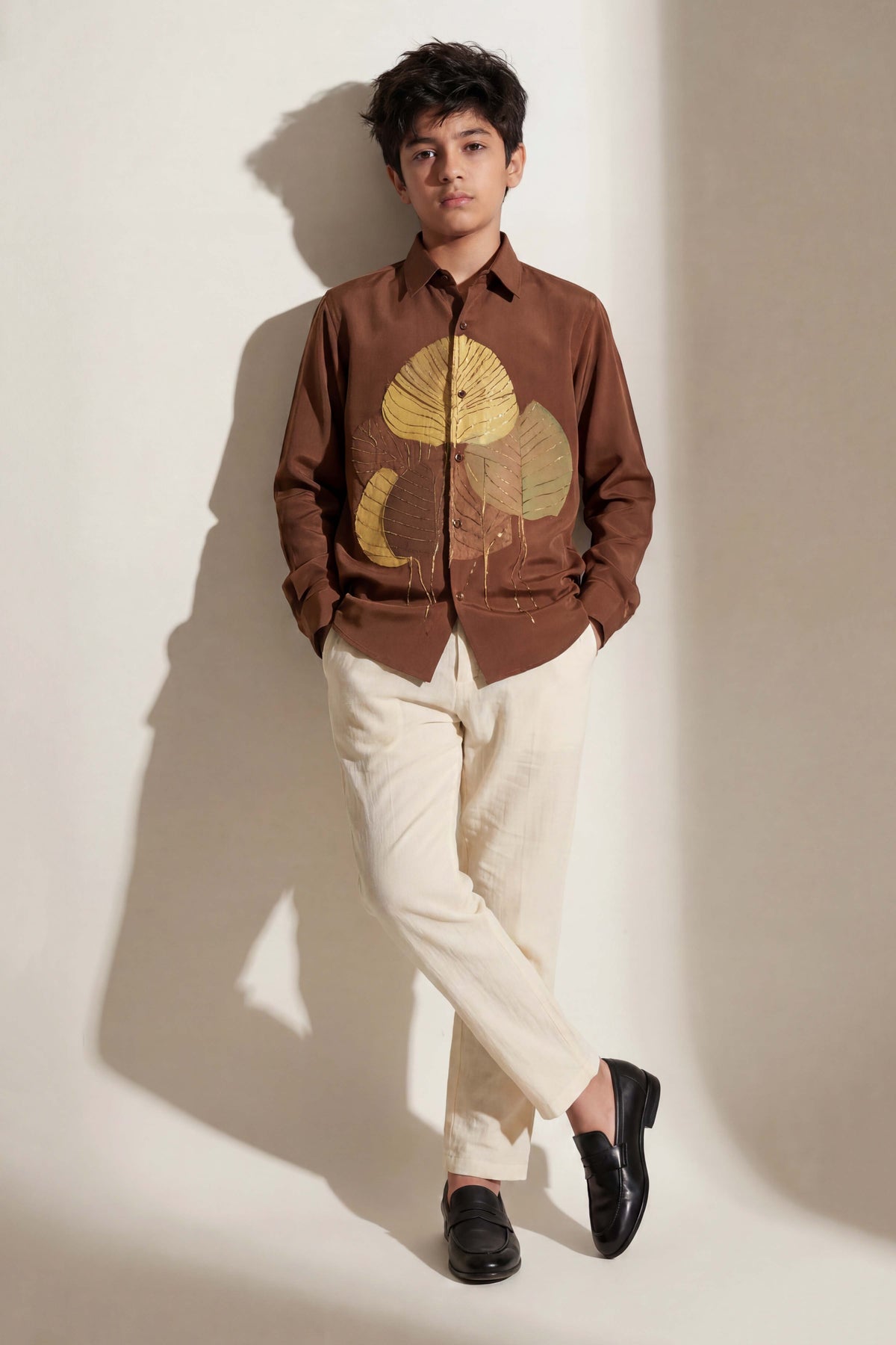 Brown Leaf Motif Boys Shirt - Mokshaa