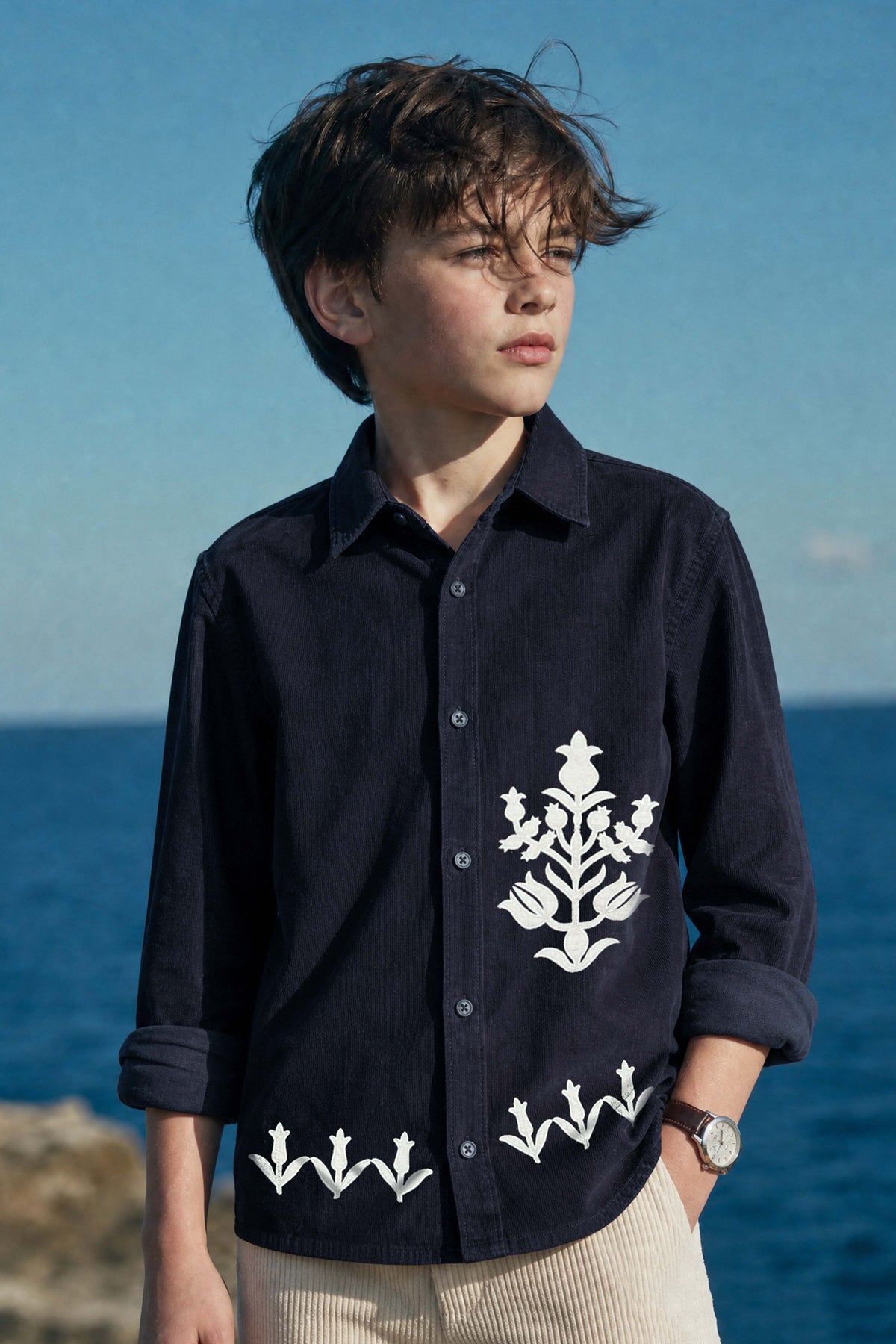 Navy Blue Floral Embroidered Boys Shirt - Mokshaa