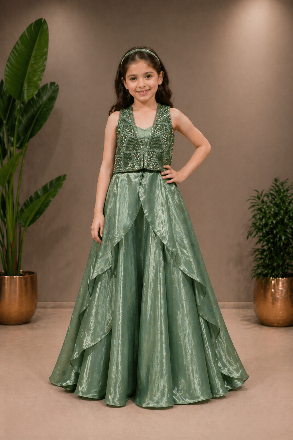 Sage Green Mirror & Sequin Embroidered Crop Top & Ruffle Lehenga Set for Girls